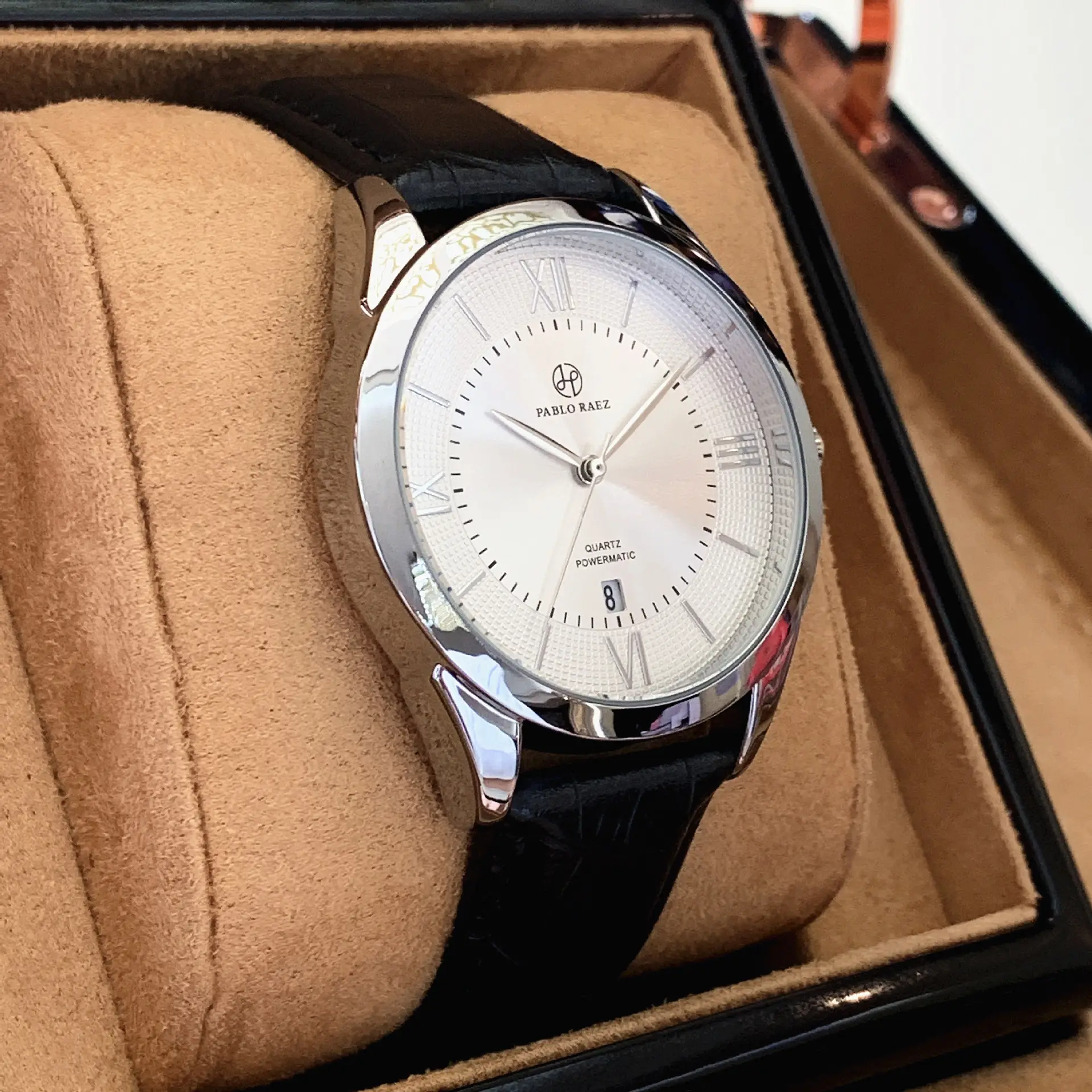 Men's Black Leather Belt Watch with Roman Numbers — feature 31