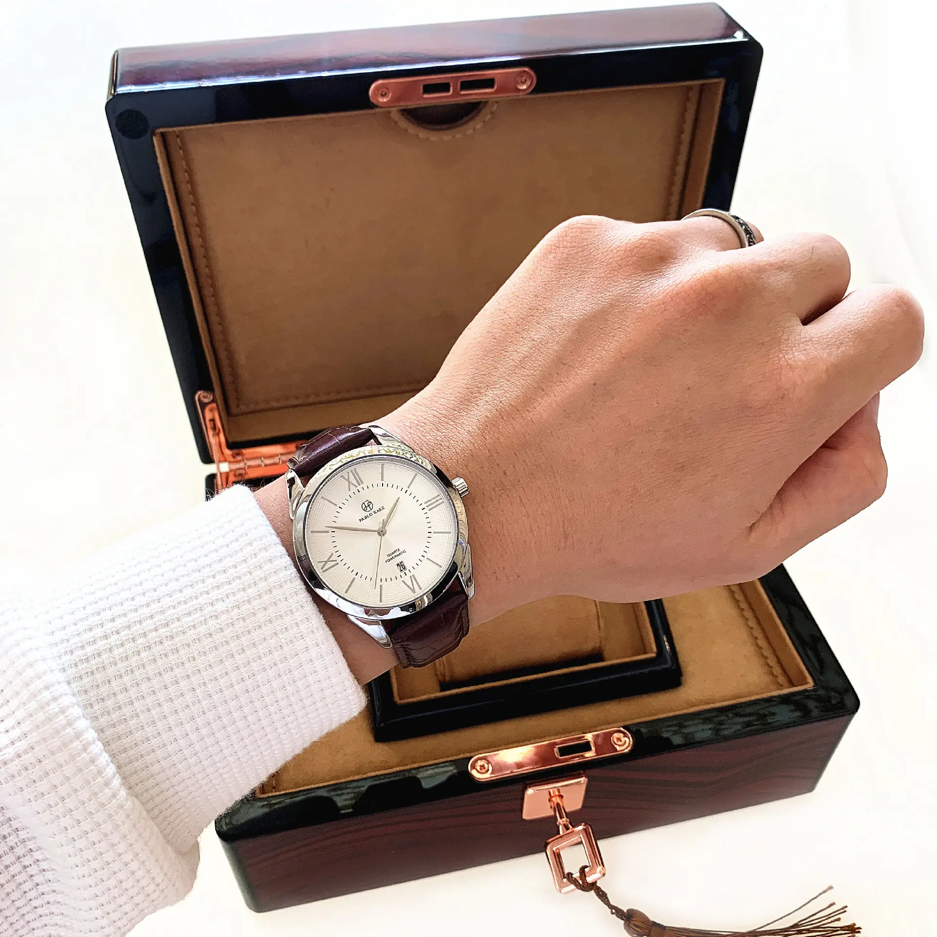 Men's Black Leather Belt Watch with Roman Numbers — feature 6