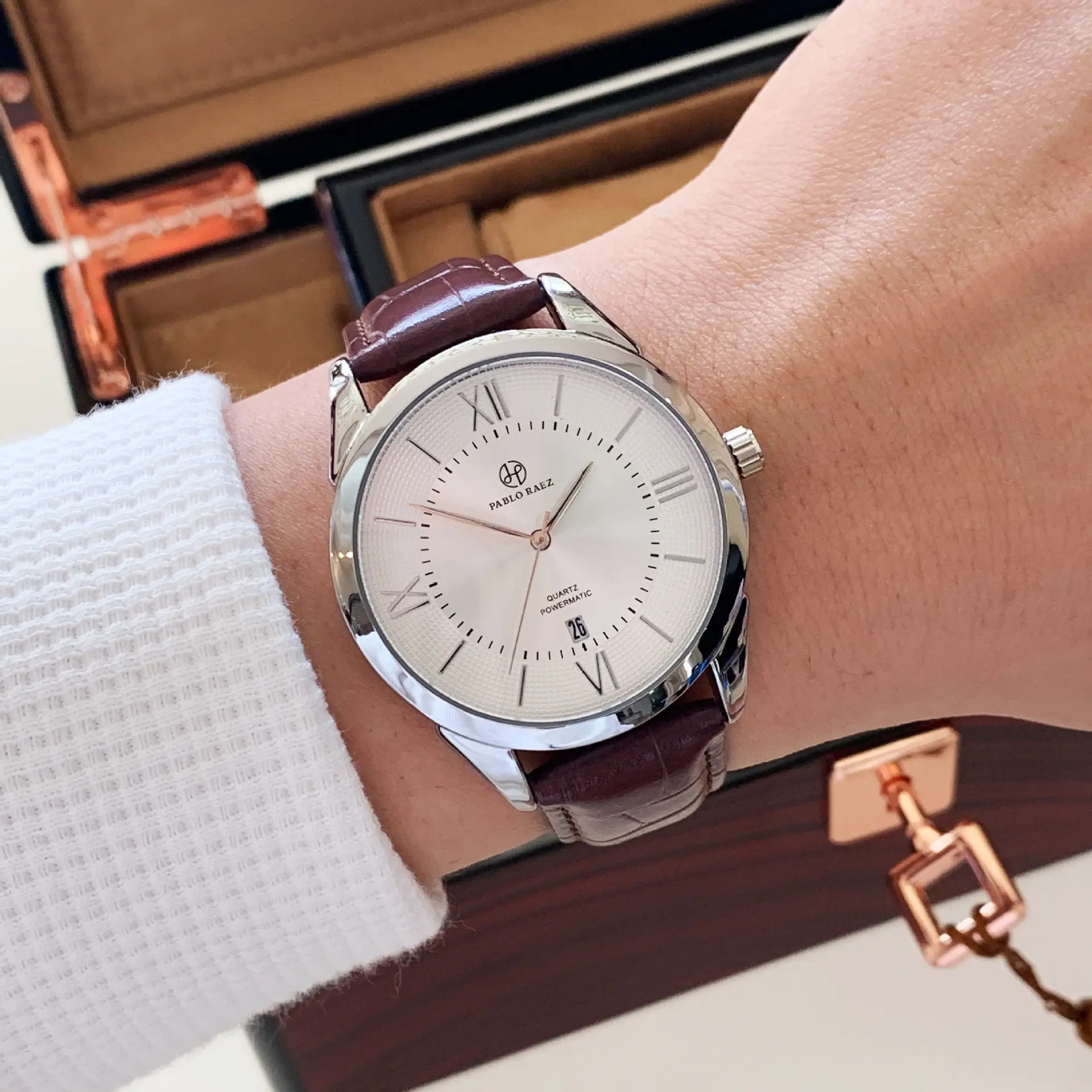 Men's Black Leather Belt Watch with Roman Numbers — feature 7