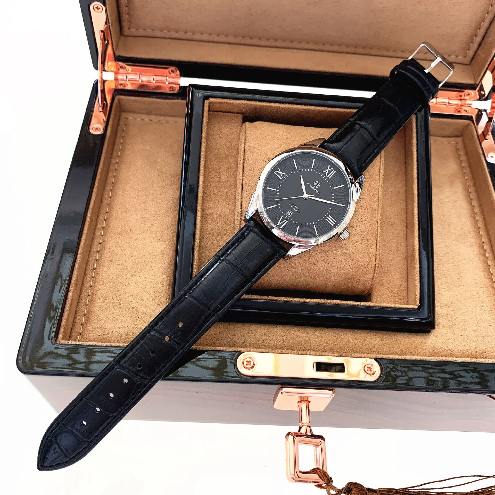 Men's Quartz Watch Brown Leather Strap White Dial
