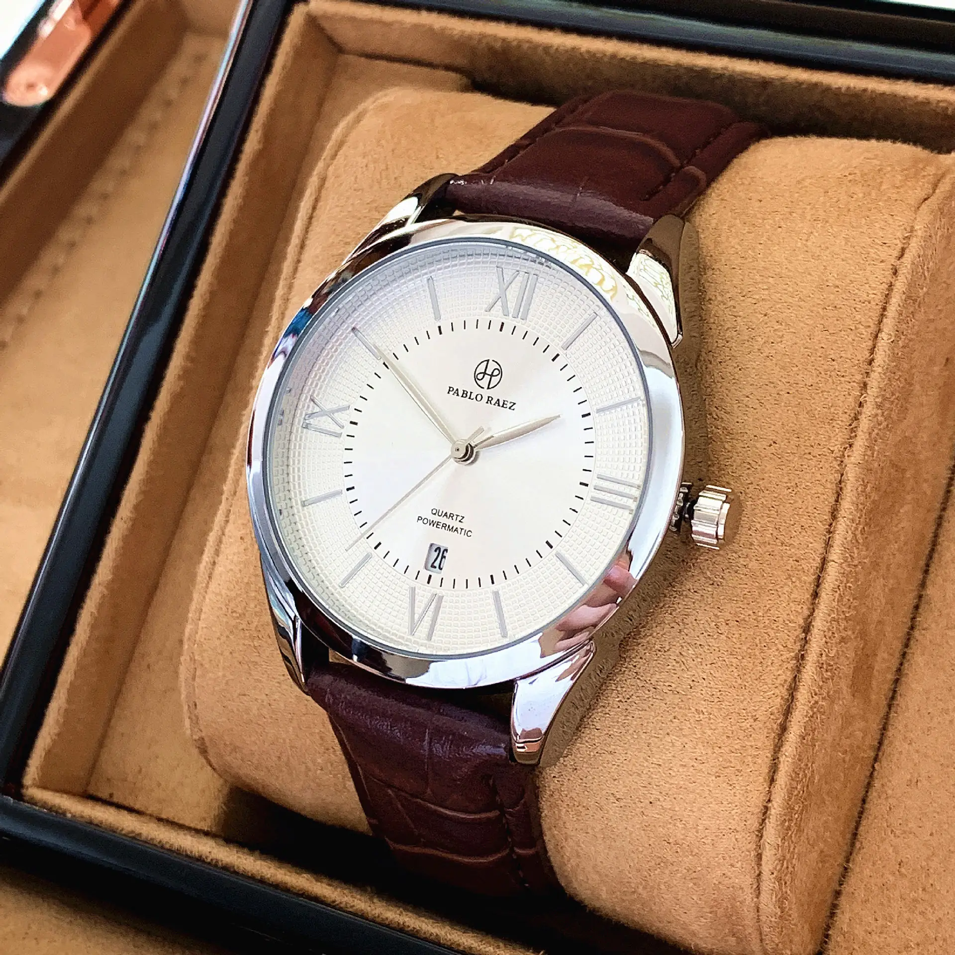 Men's Quartz Watch Brown Leather Strap White Dial — feature 11