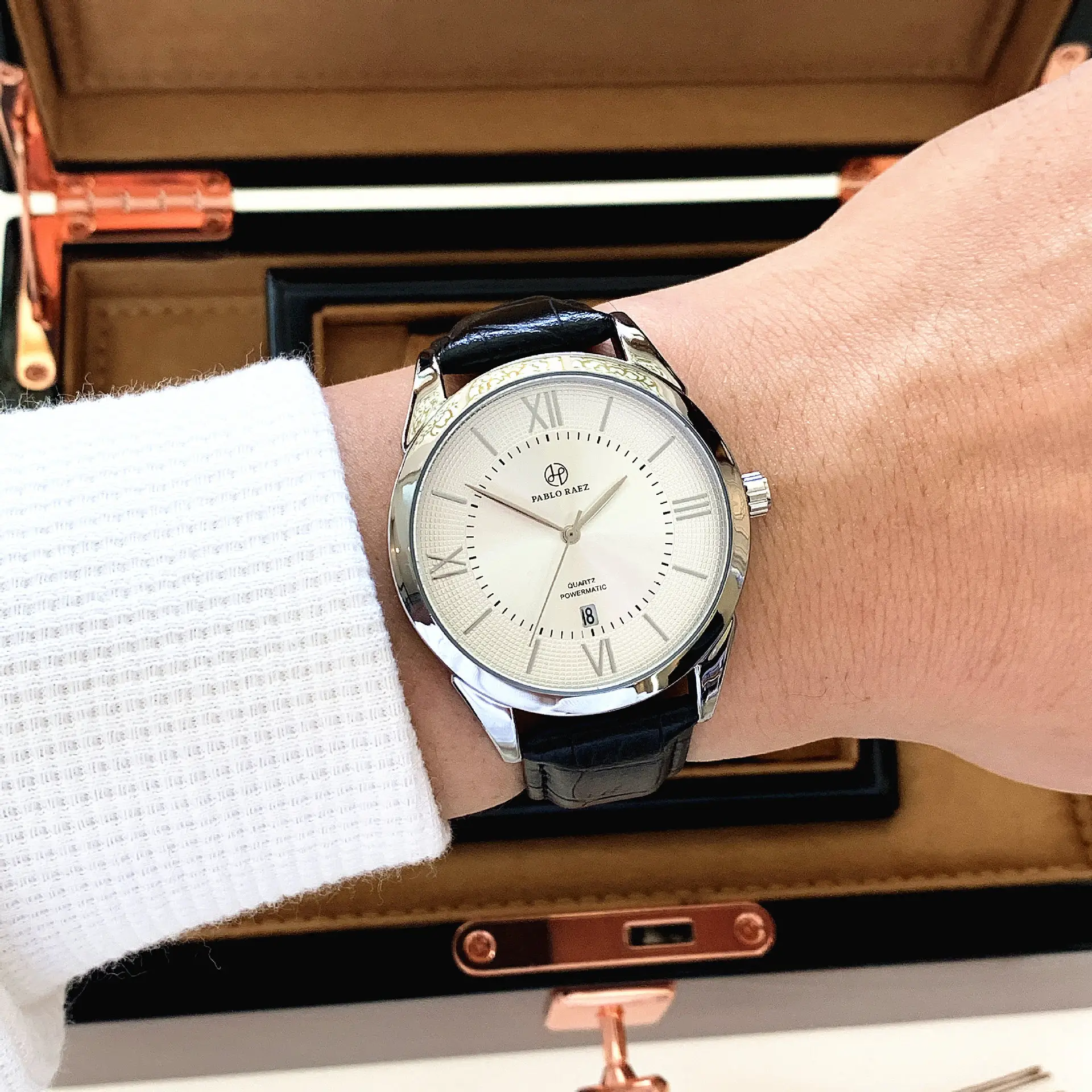 Men's Quartz Watch Brown Leather Strap White Dial — feature 19