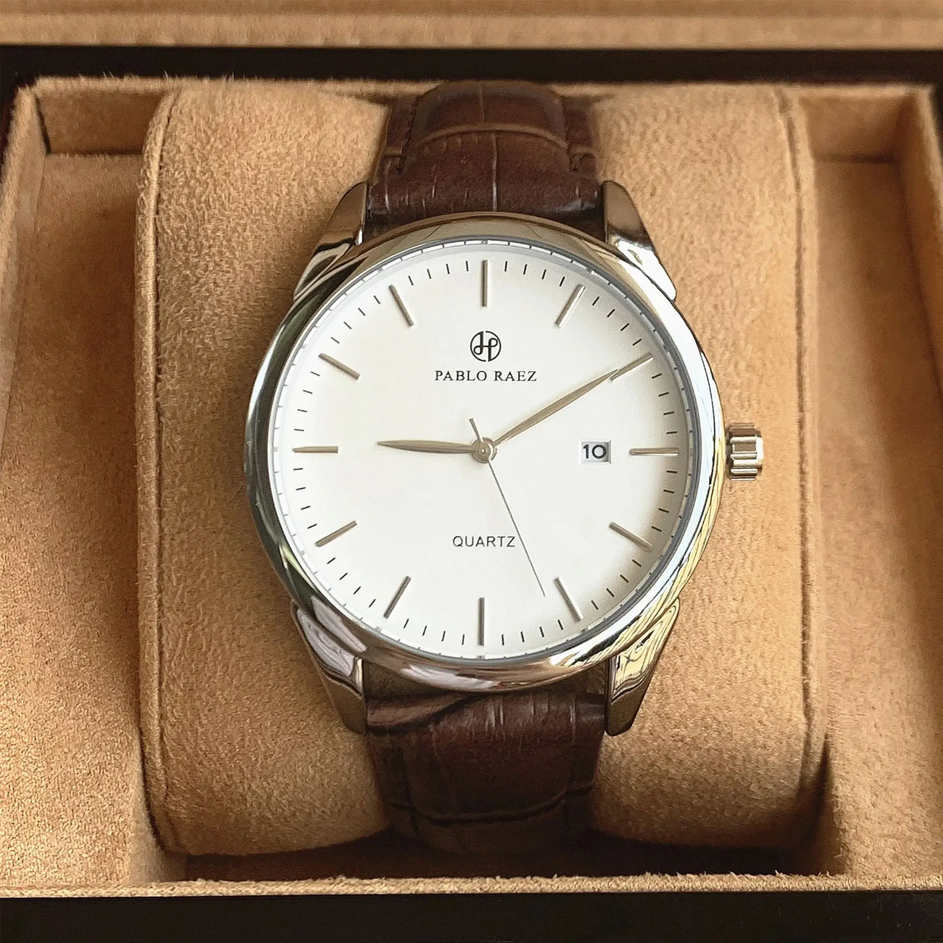 Men's Quartz Watch Brown Leather Strap White Dial — feature 31