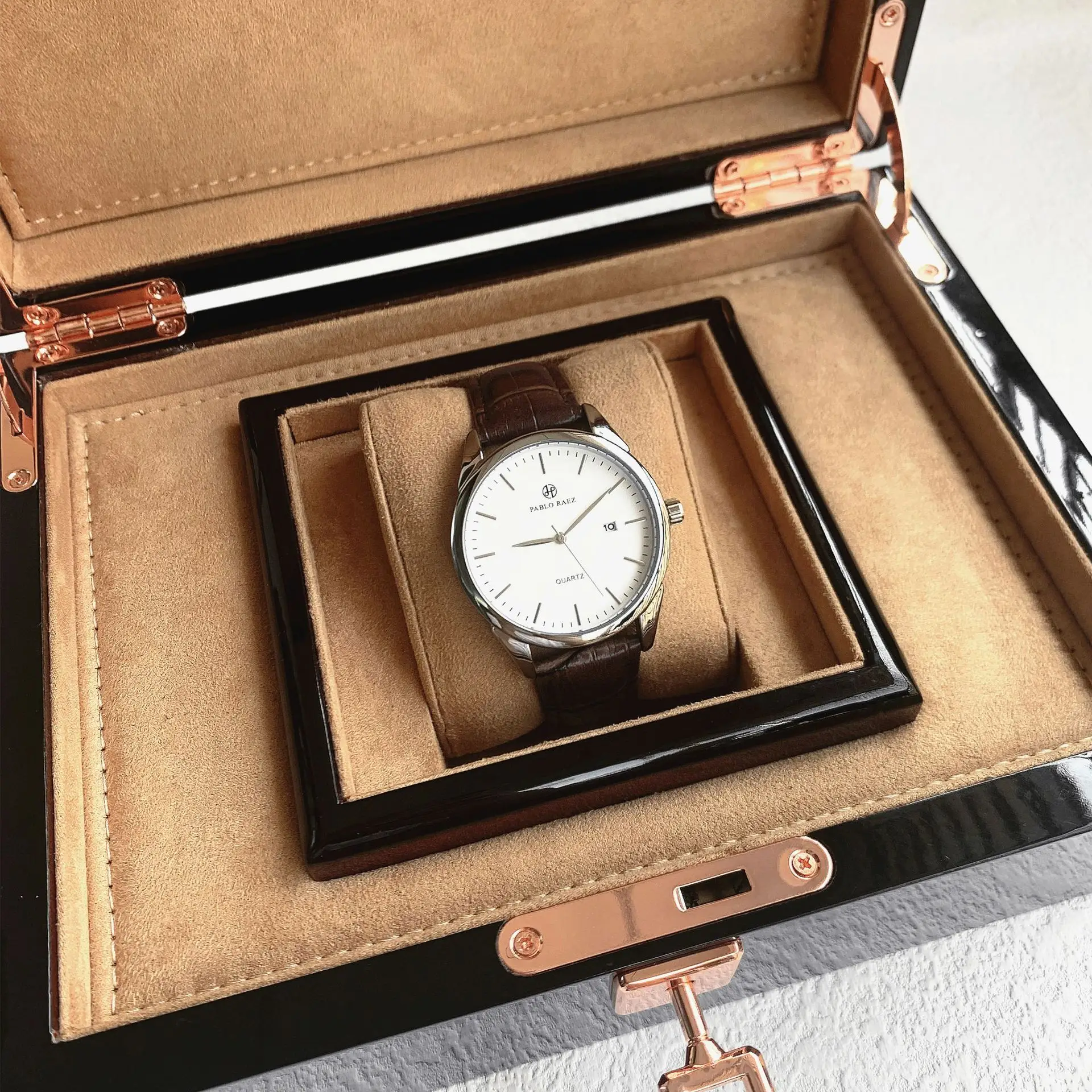 Men's Quartz Watch Brown Leather Strap White Dial — feature 32