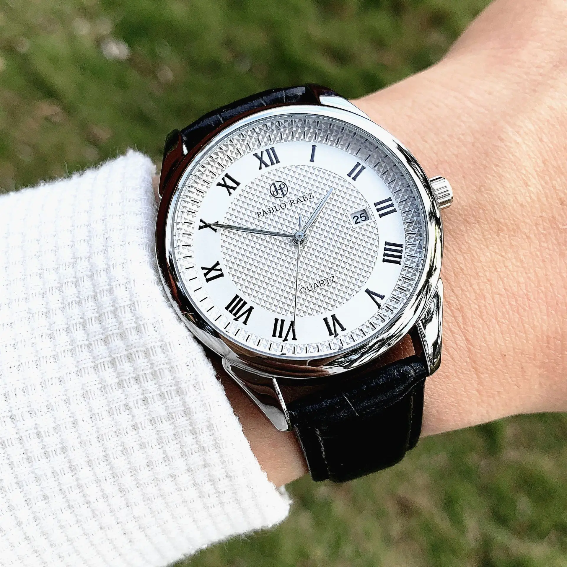 Men's Quartz Watch Brown Leather Strap White Dial — feature 38