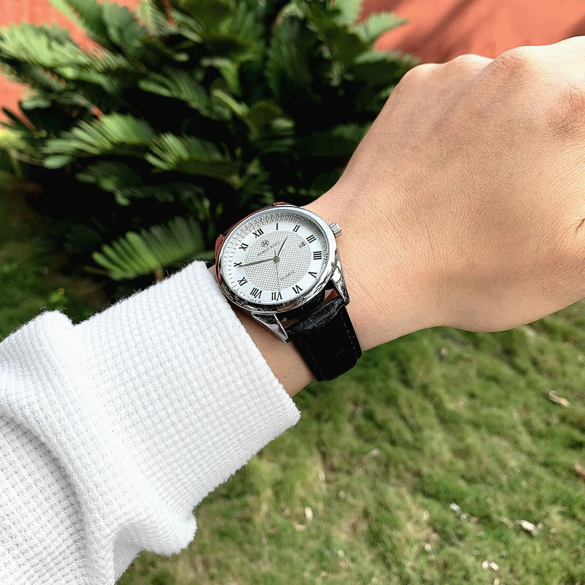 Men's Quartz Watch Brown Leather Strap White Dial — feature 39