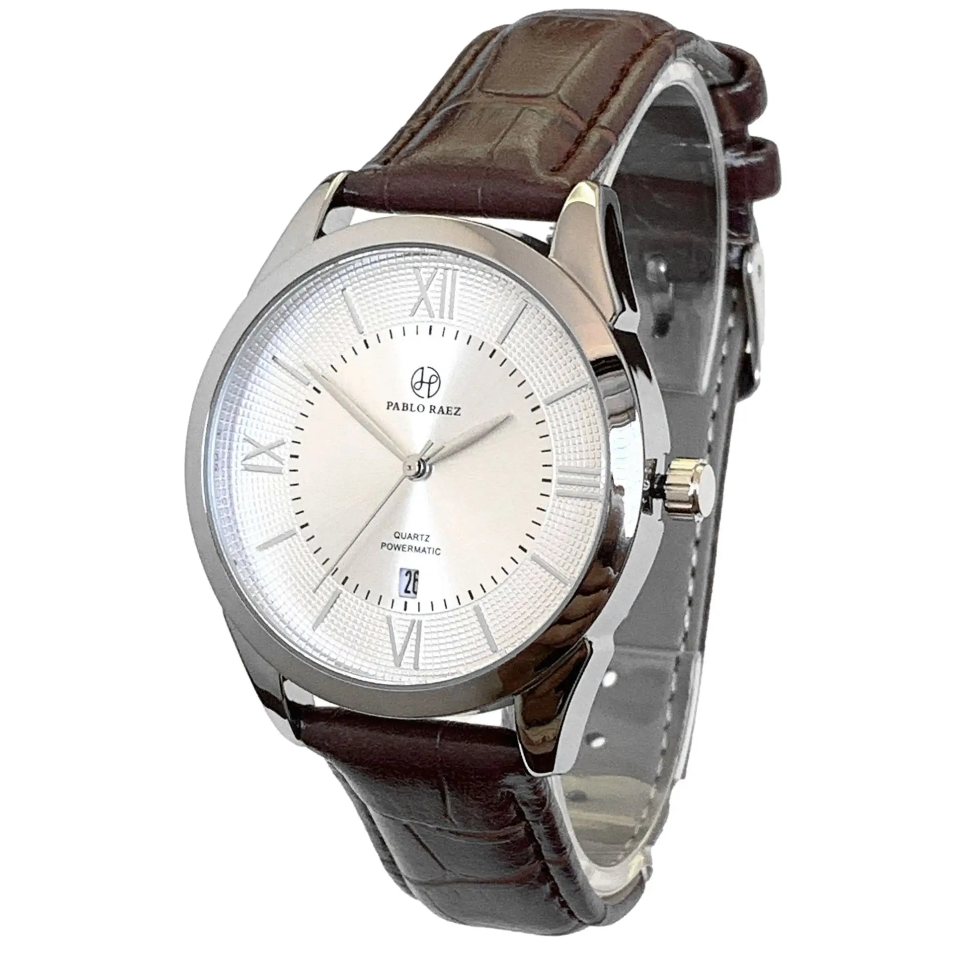 Men's Quartz Watch Brown Leather Strap White Dial