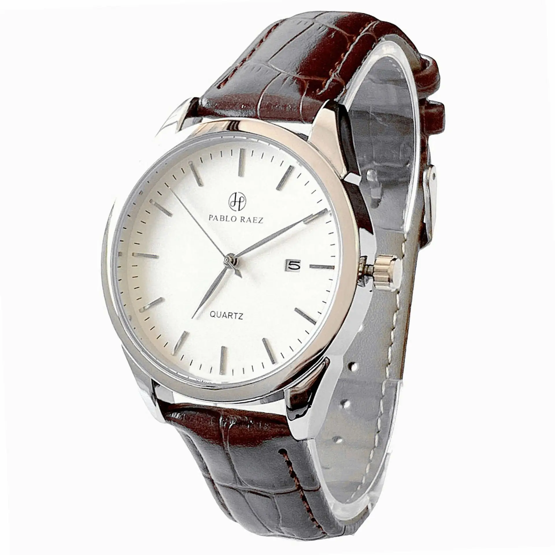 Men's Quartz Watch Brown Leather Strap White Dial
