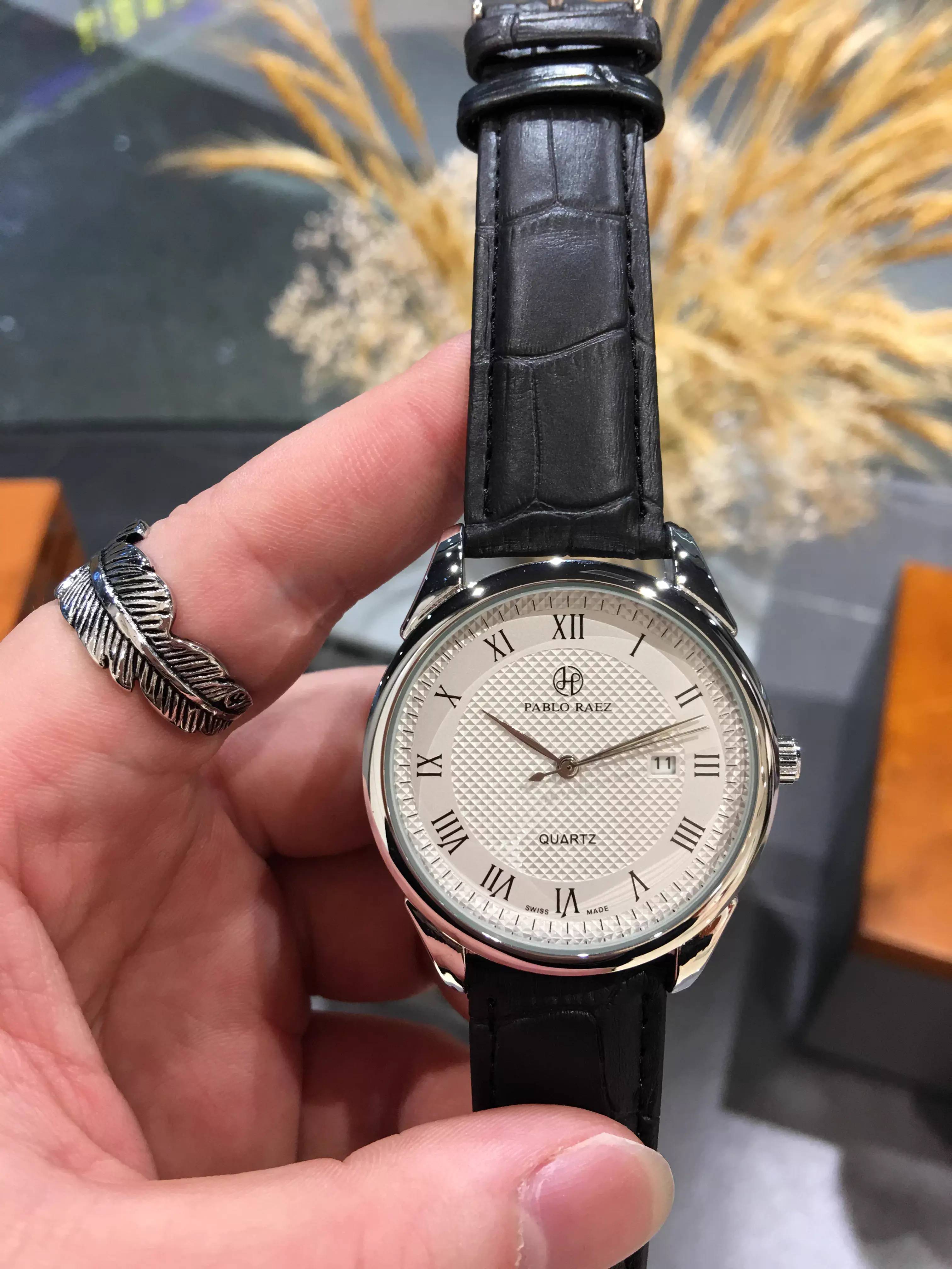 Men's Black Quartz Watch with Roman Numeral & Mesh Band — feature 14