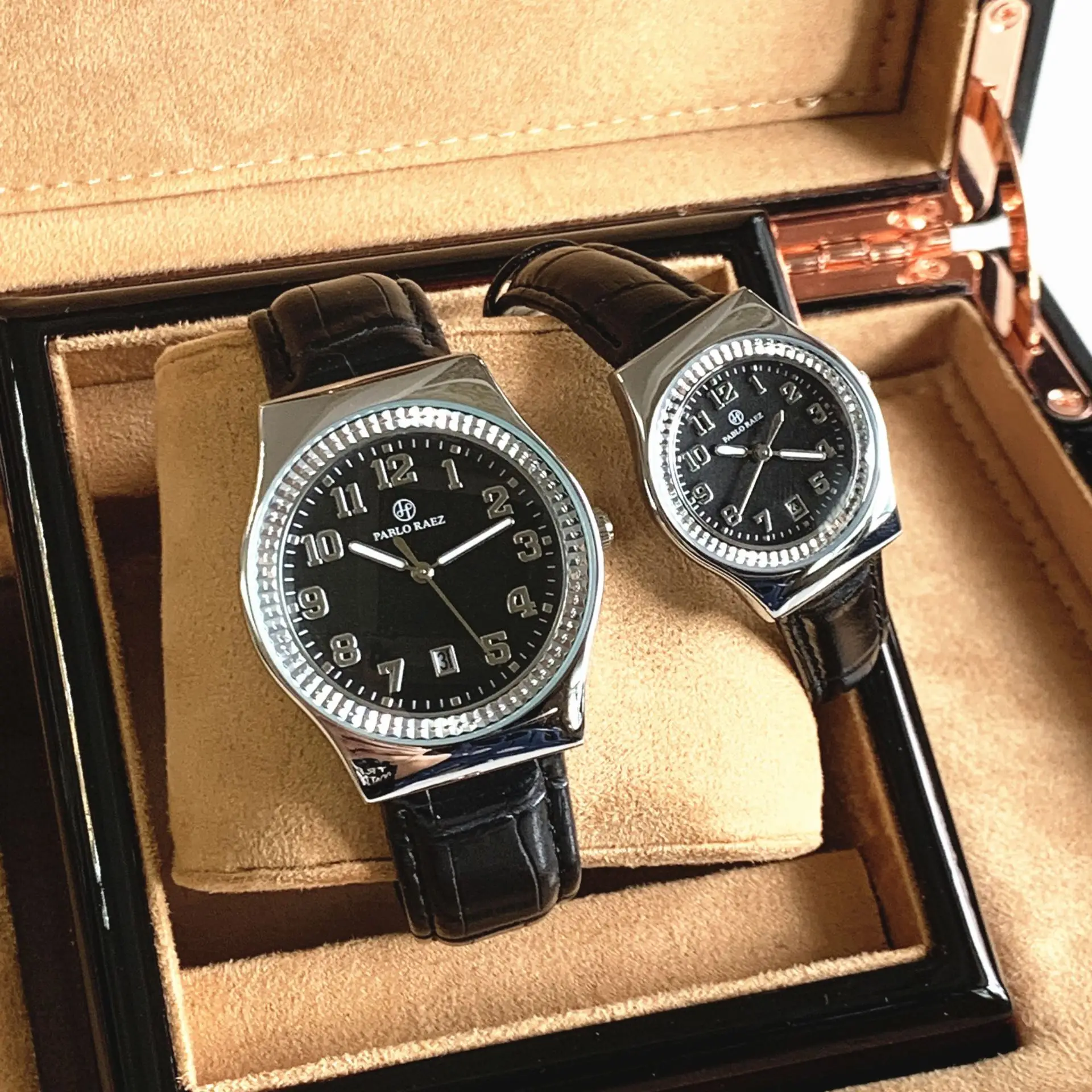 Men's Black Dial Couple Watch with Crystal Dial & Leather Strap — feature 4