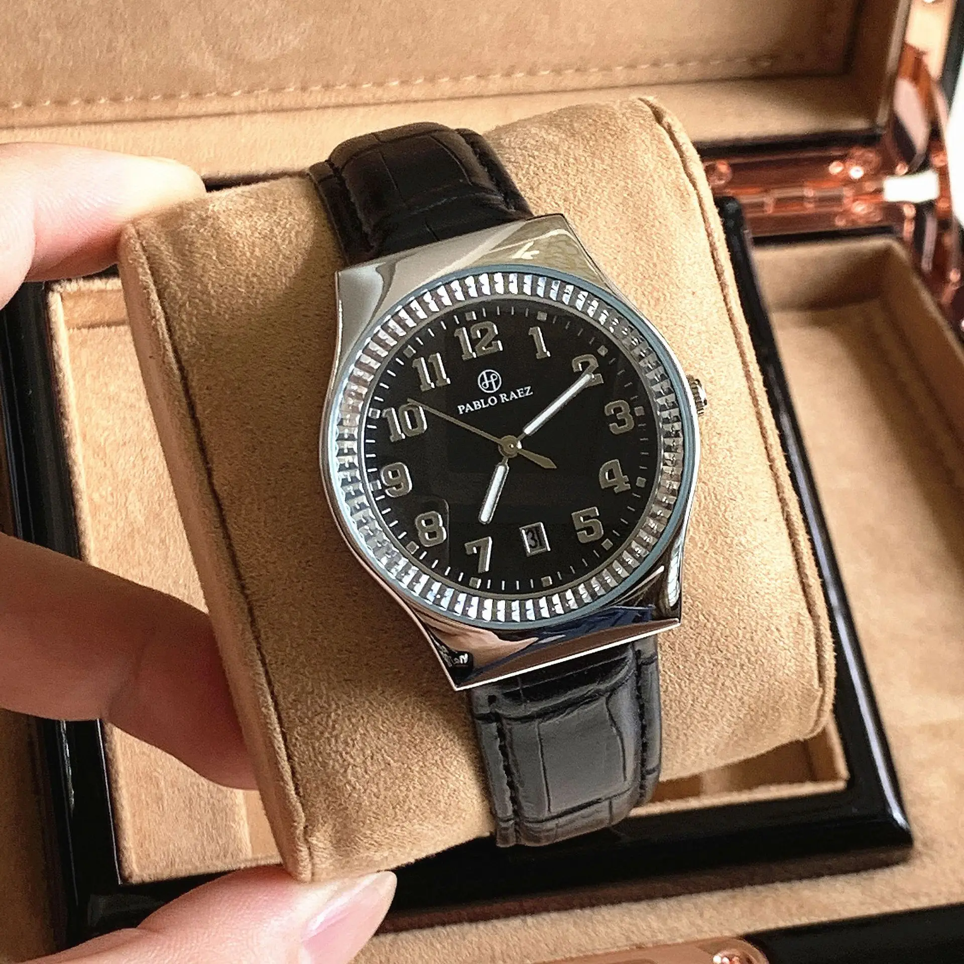 Men's Black Dial Couple Watch with Crystal Dial & Leather Strap - Image 4