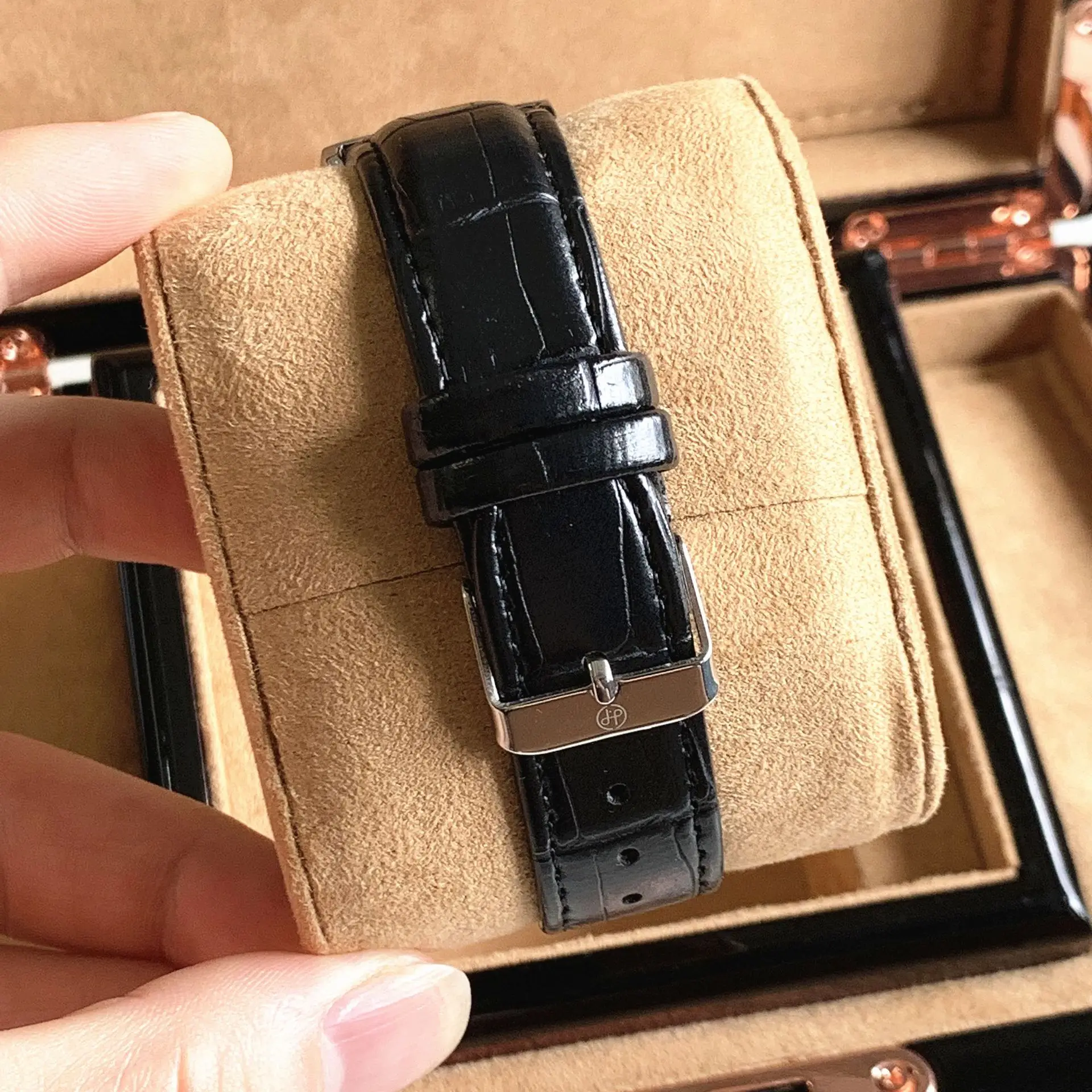 Men's Black Dial Couple Watch with Crystal Dial & Leather Strap — feature 9