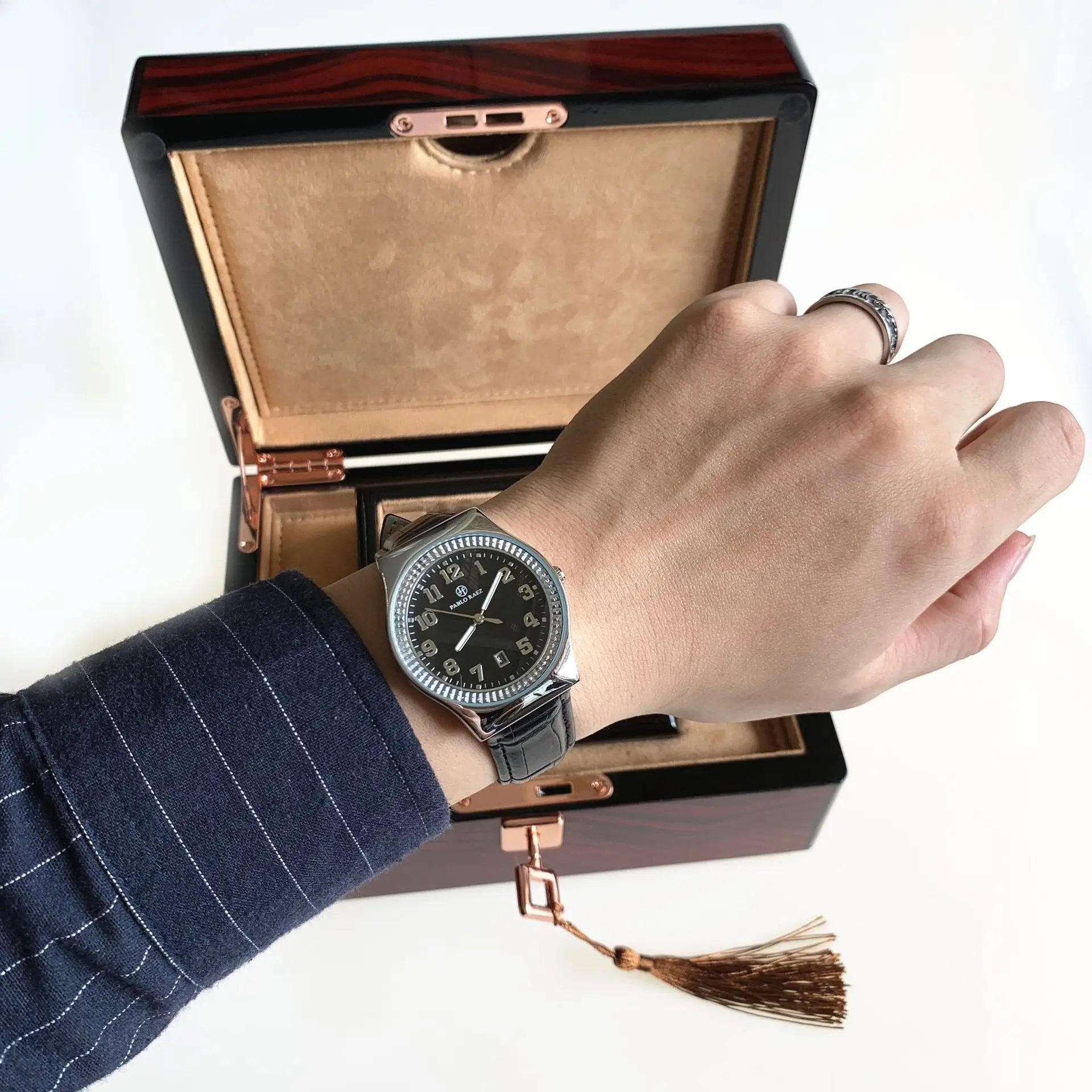 Men's Black Dial Couple Watch with Crystal Dial & Leather Strap — feature 14