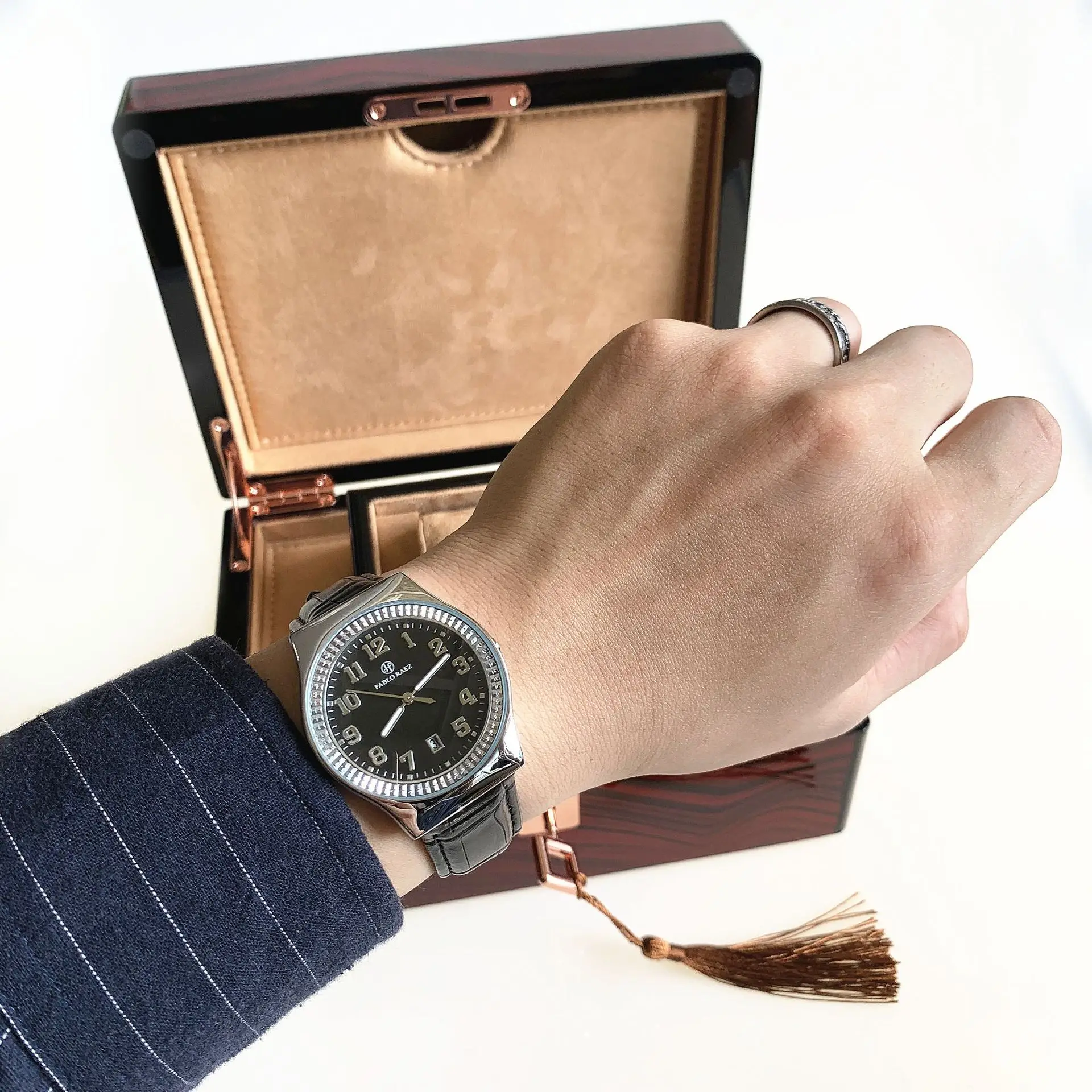 Men's Black Dial Couple Watch with Crystal Dial & Leather Strap — feature 15