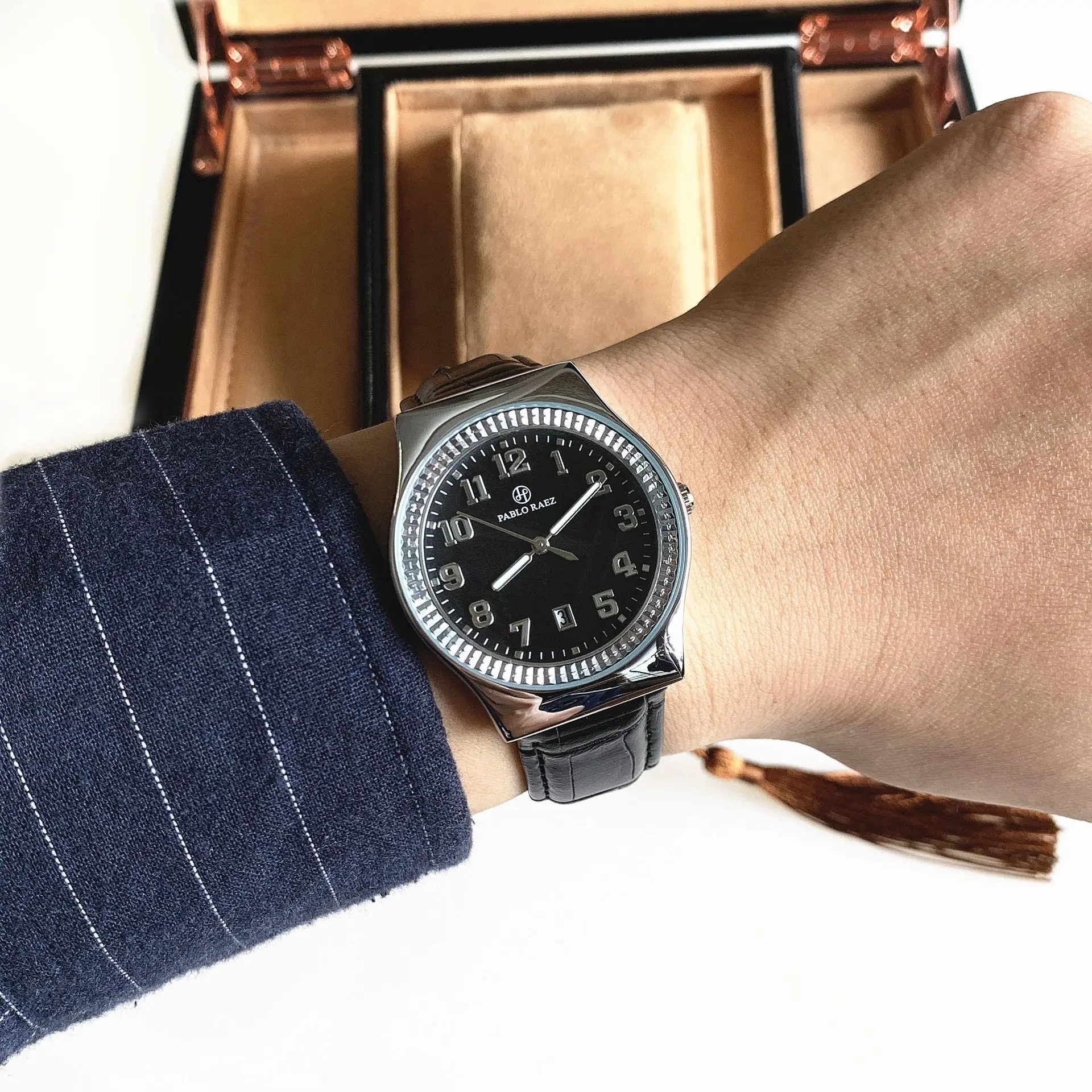 Men's Black Dial Couple Watch with Crystal Dial & Leather Strap — feature 16
