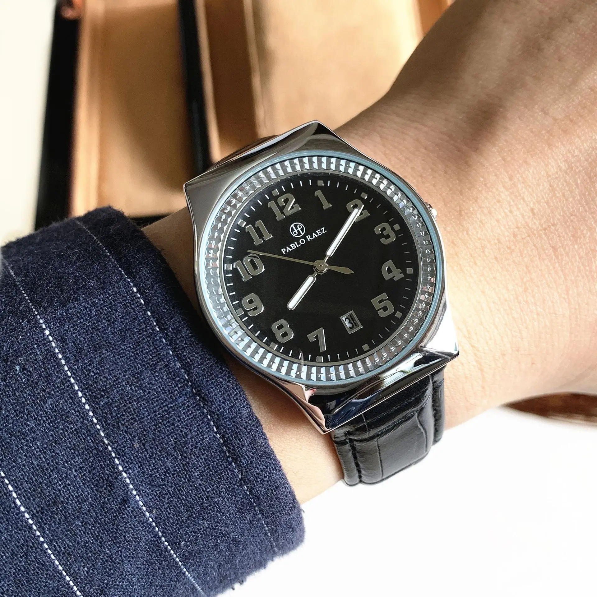 Men's Black Dial Couple Watch with Crystal Dial & Leather Strap — feature 17