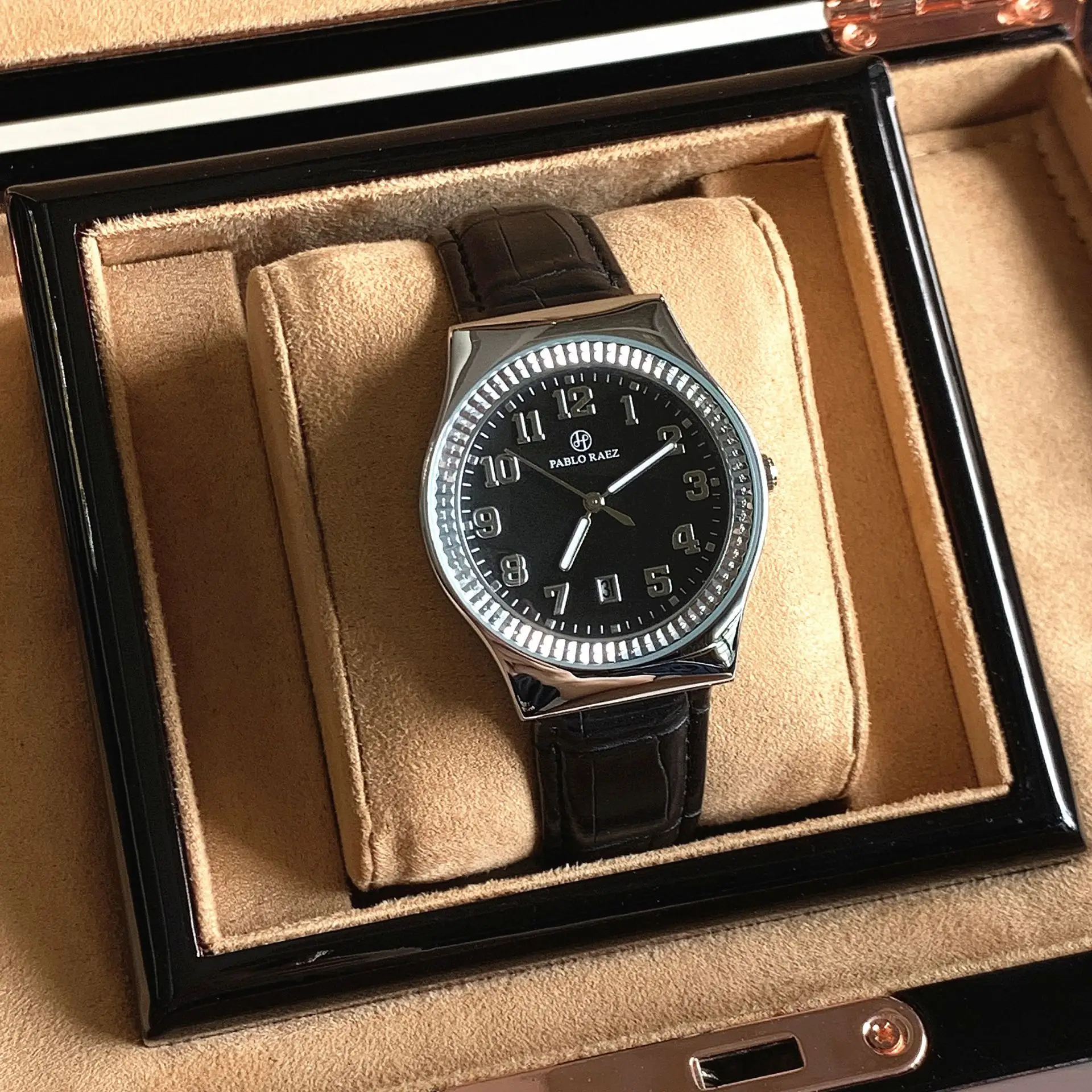 Men's Black Dial Couple Watch with Crystal Dial & Leather Strap — feature 5