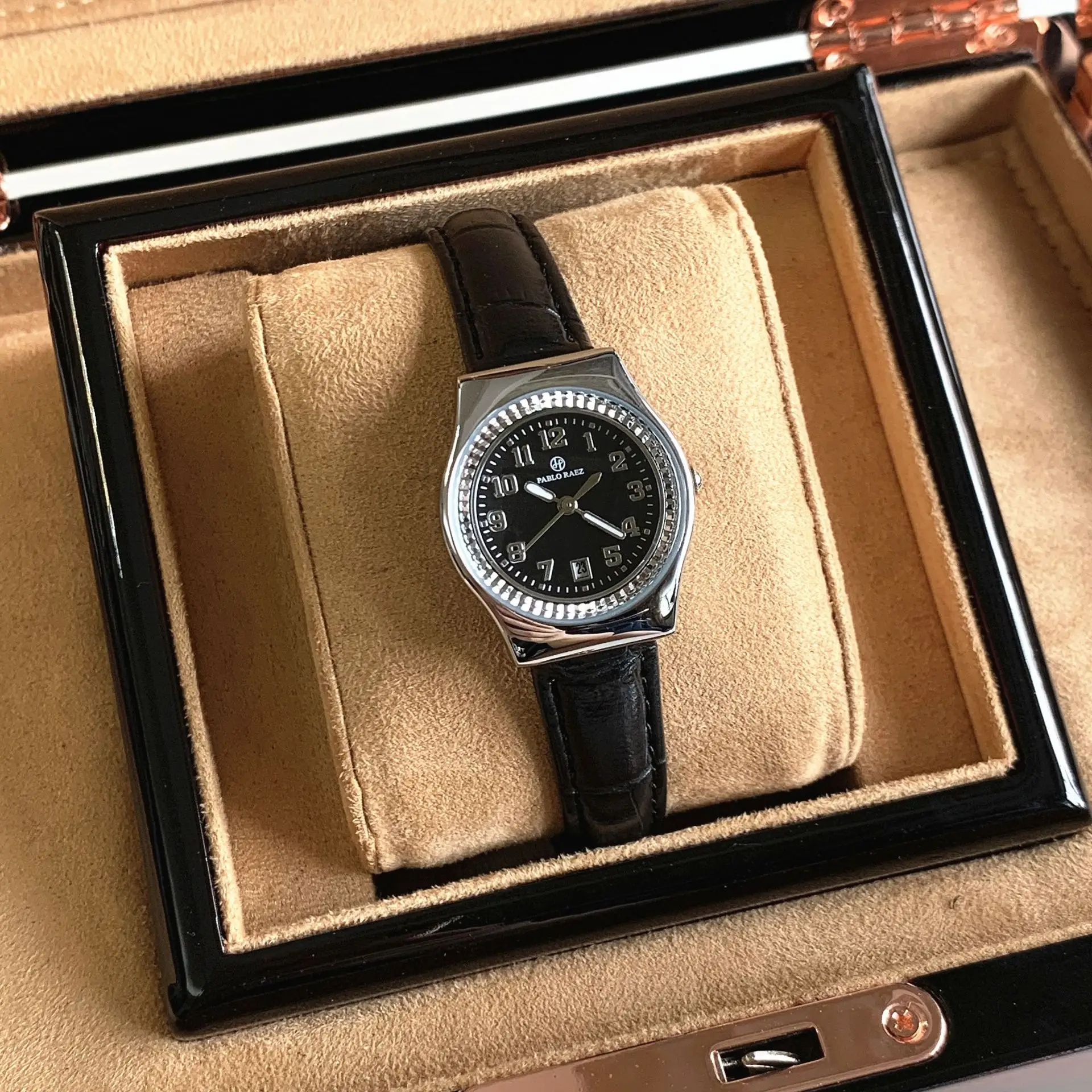 Men's Black Dial Couple Watch with Crystal Dial & Leather Strap — feature 6