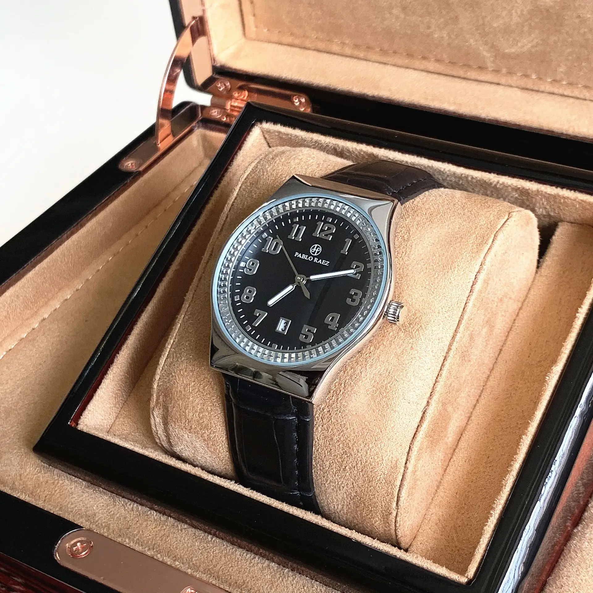 Men's Black Dial Couple Watch with Crystal Dial & Leather Strap — feature 7