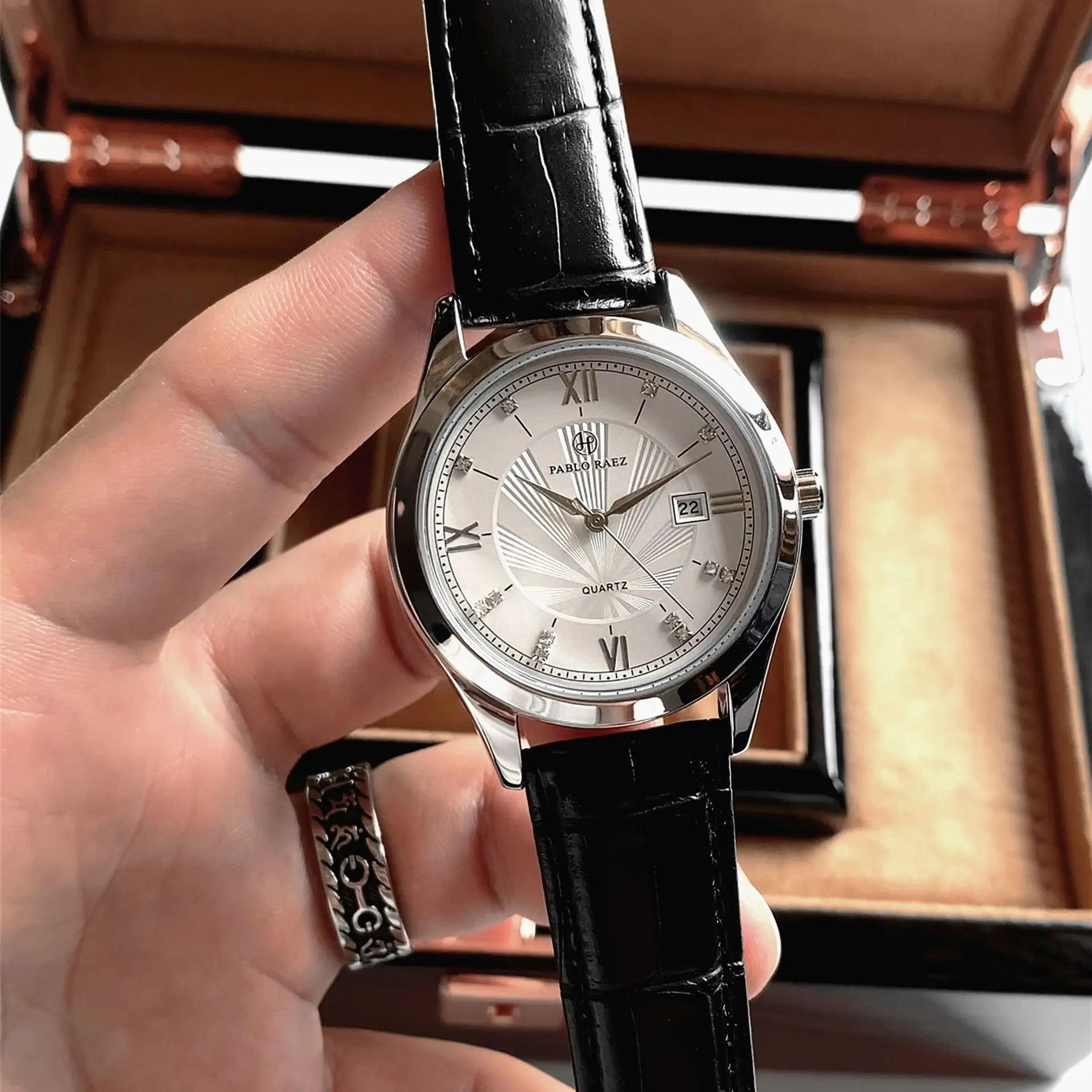 Men's Automatic Quartz Business Calendar Watch Black Leather Band - Image 2