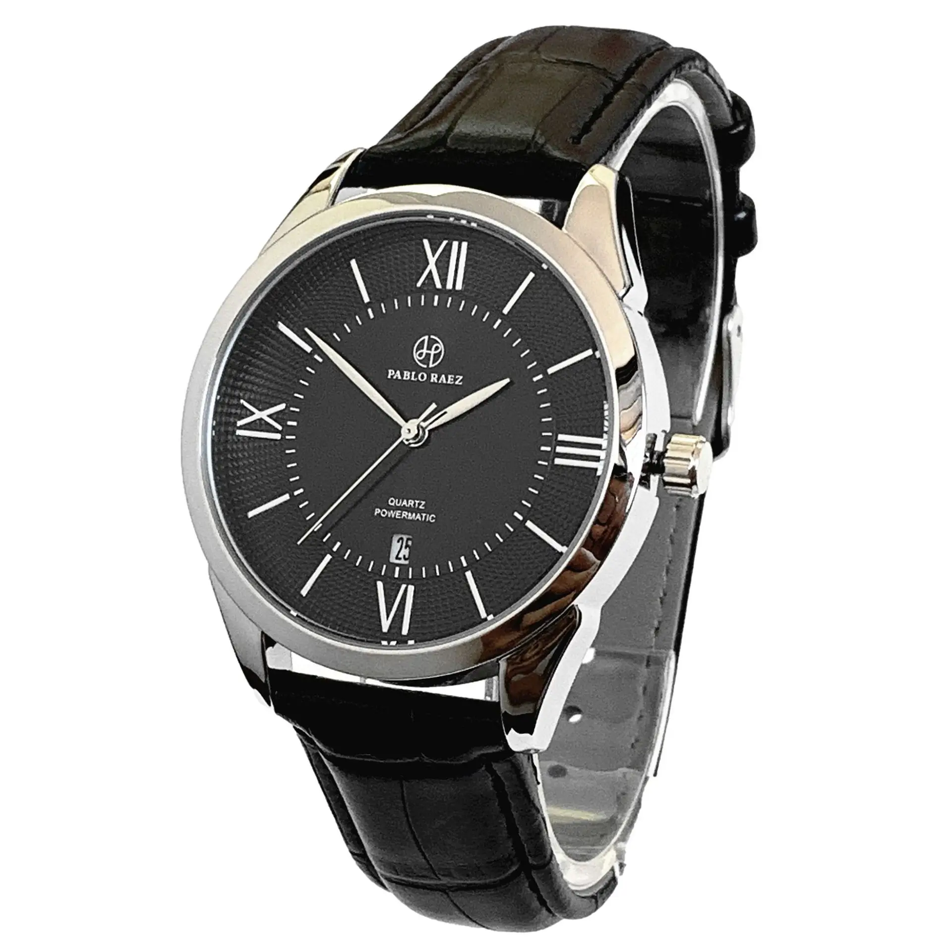 Men's Quartz Watch with Black Leather Strap and Stainless Steel Case - Image 2