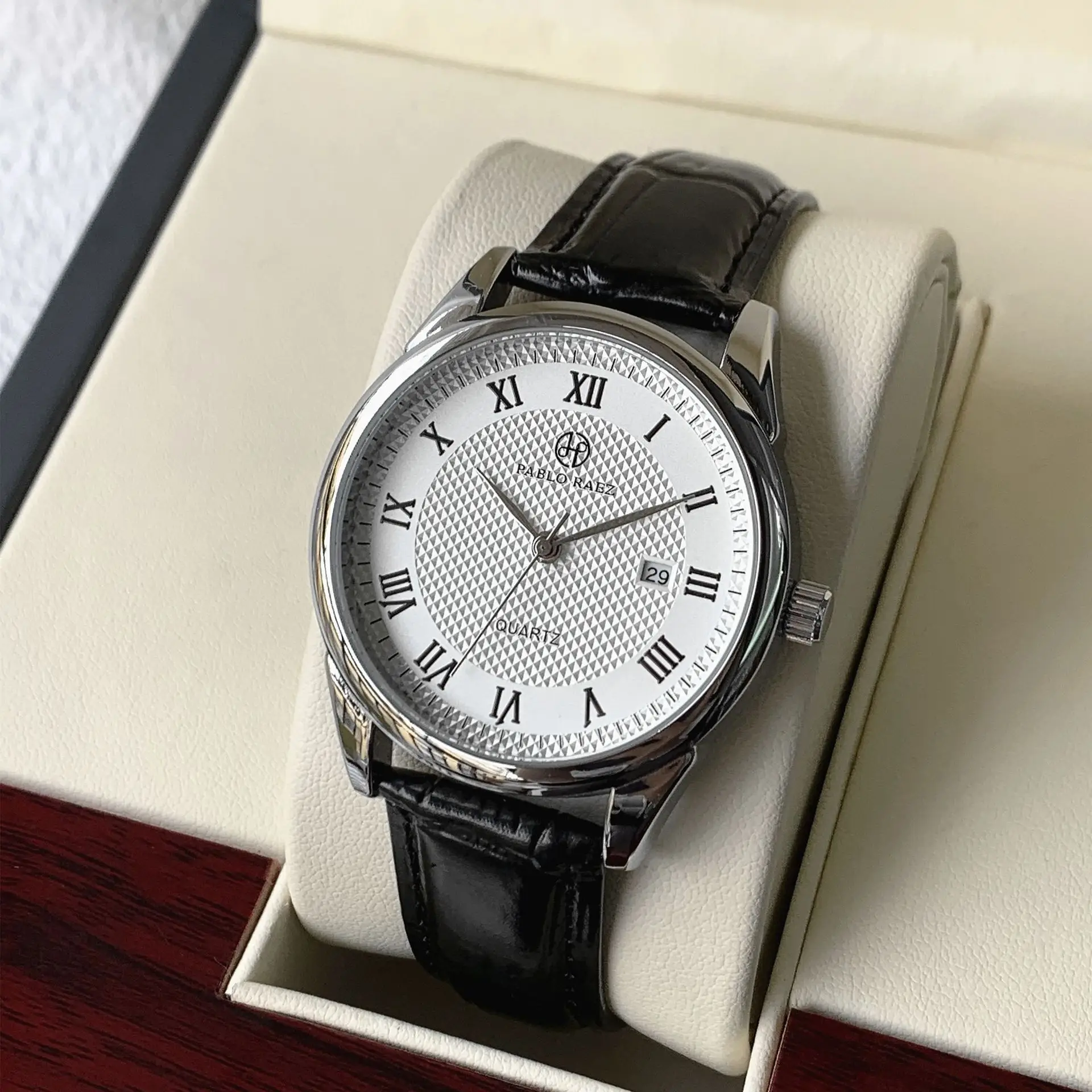 Men's Black Quartz Watch with Leather Belt - Image 8
