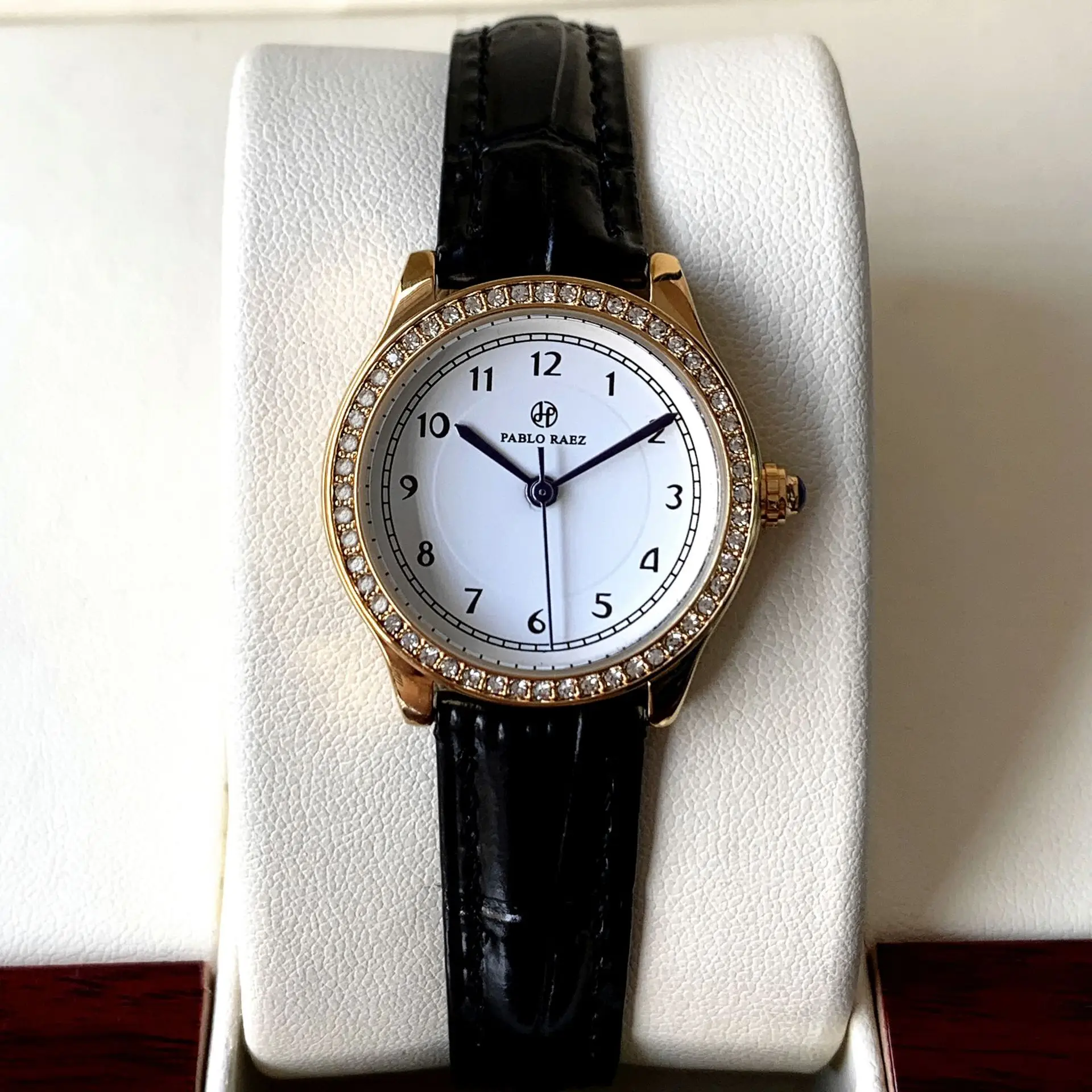 Ladies Gold Rhinestone Watch Black Leather Strap