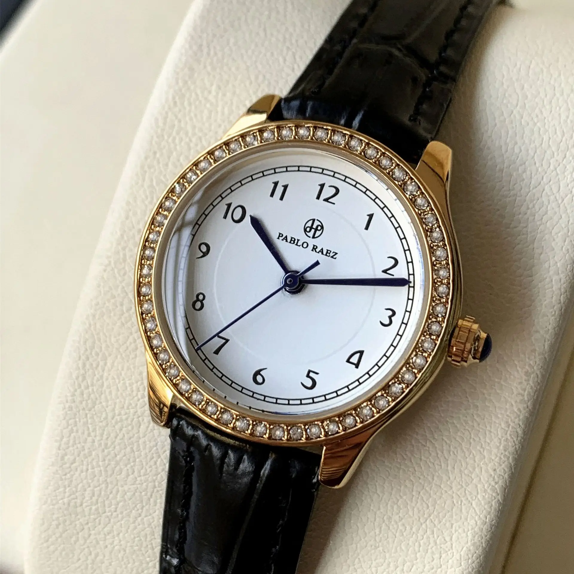 Ladies Gold Rhinestone Watch Black Leather Strap