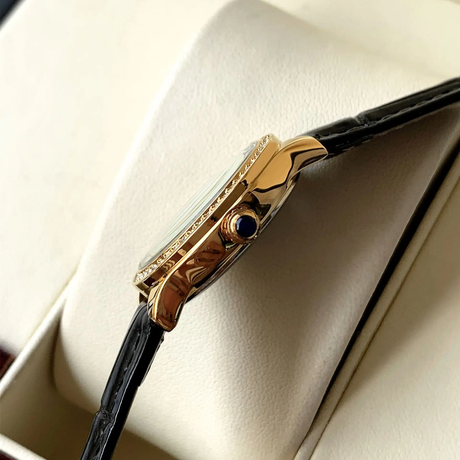 Ladies Gold Rhinestone Watch Black Leather Strap