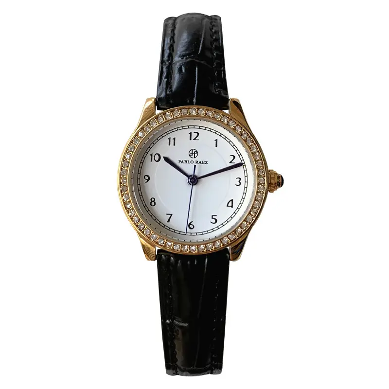 Ladies Gold Rhinestone Watch Black Leather Strap
