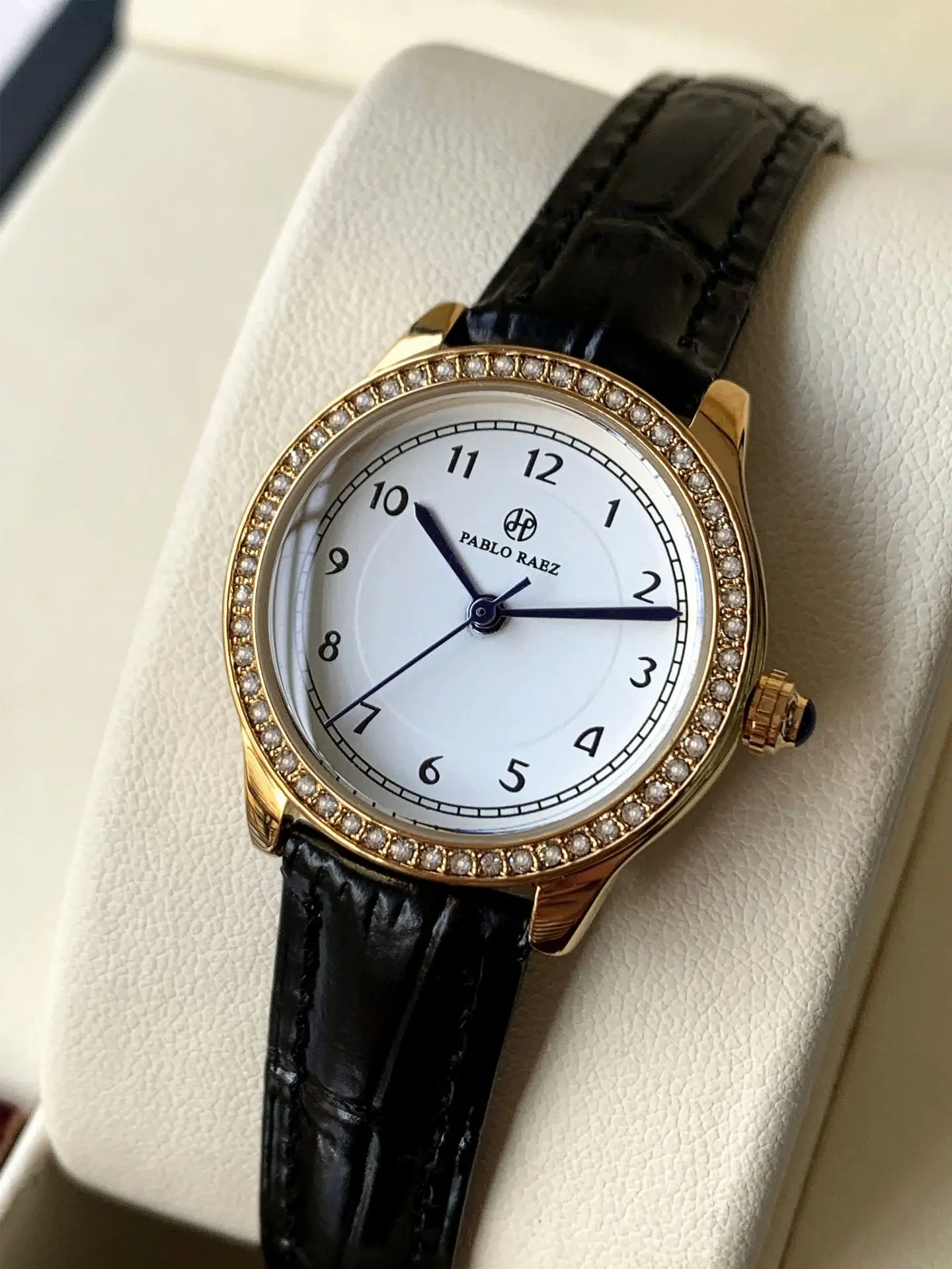Ladies Gold Rhinestone Watch Black Leather Strap — feature 10