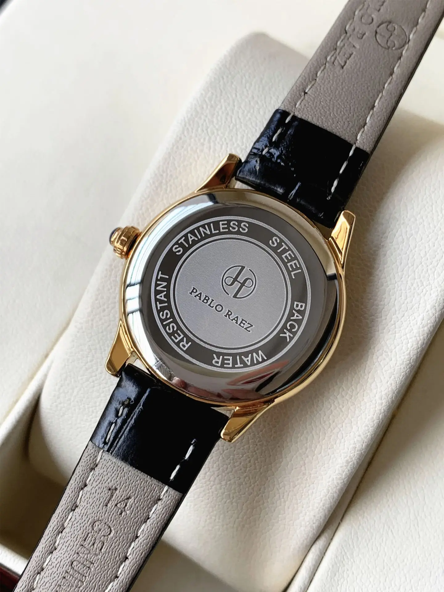 Ladies Gold Rhinestone Watch Black Leather Strap — feature 11