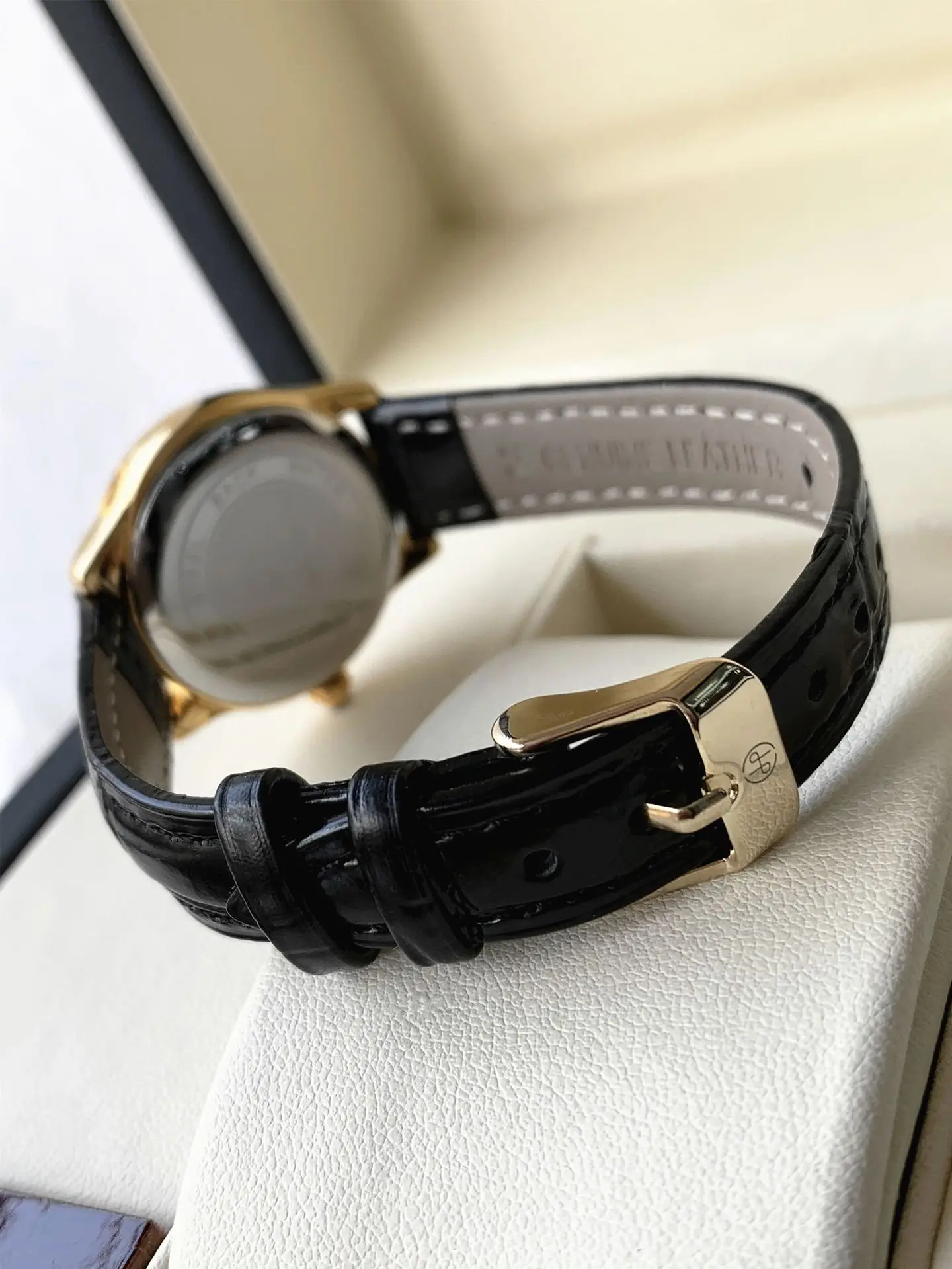 Ladies Gold Rhinestone Watch Black Leather Strap — feature 13