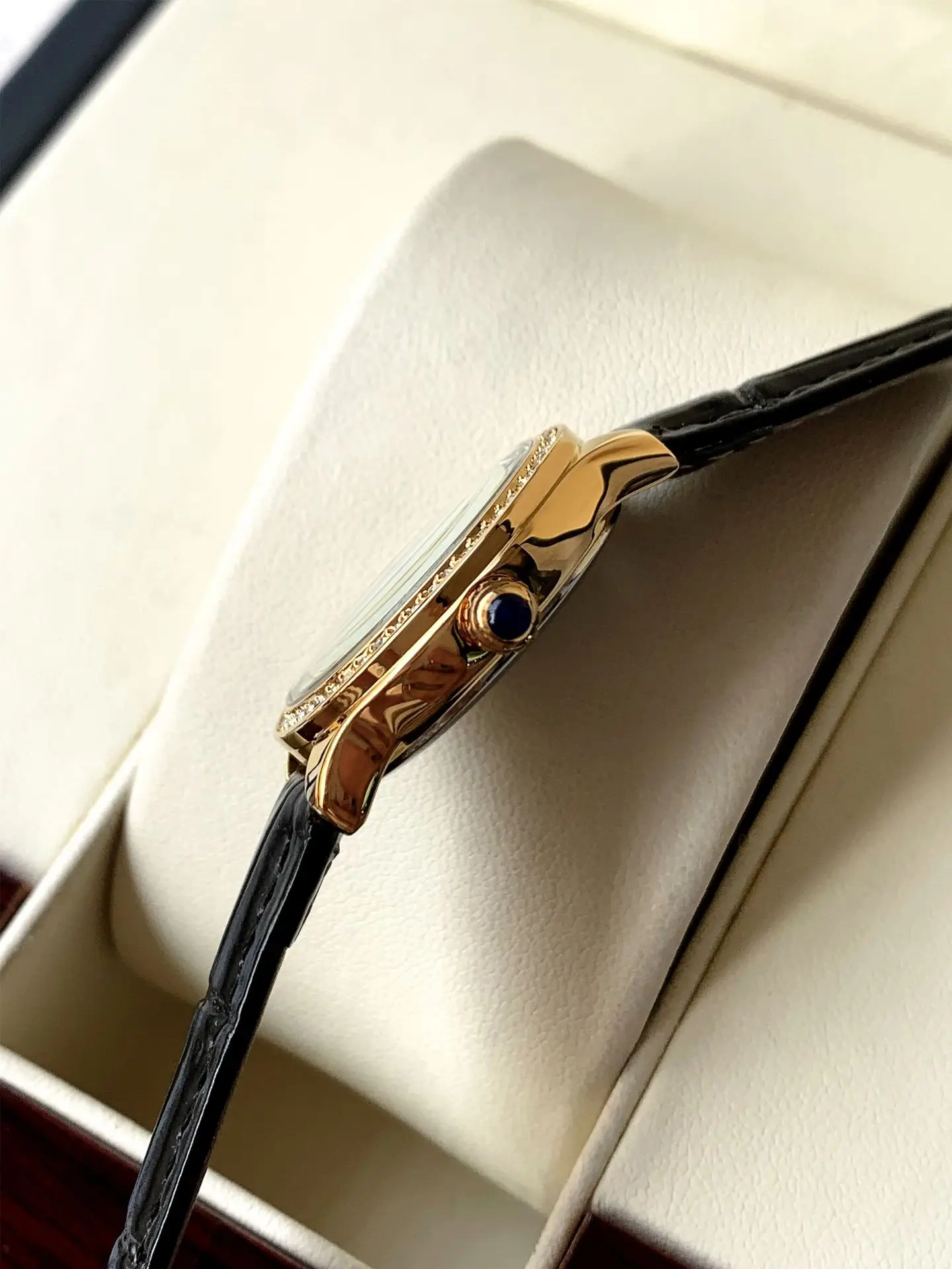 Ladies Gold Rhinestone Watch Black Leather Strap — feature 14
