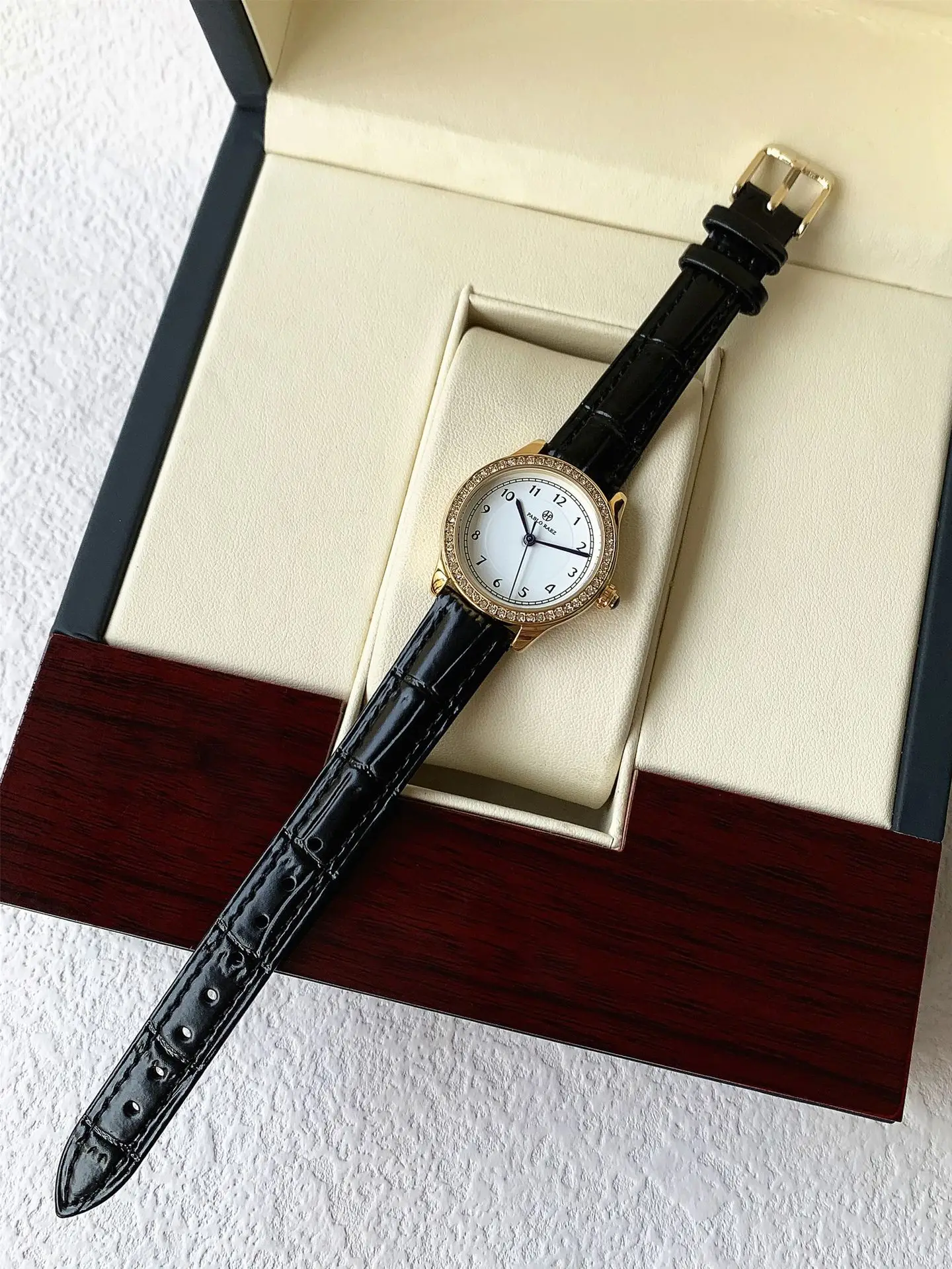 Ladies Gold Rhinestone Watch Black Leather Strap — feature 15