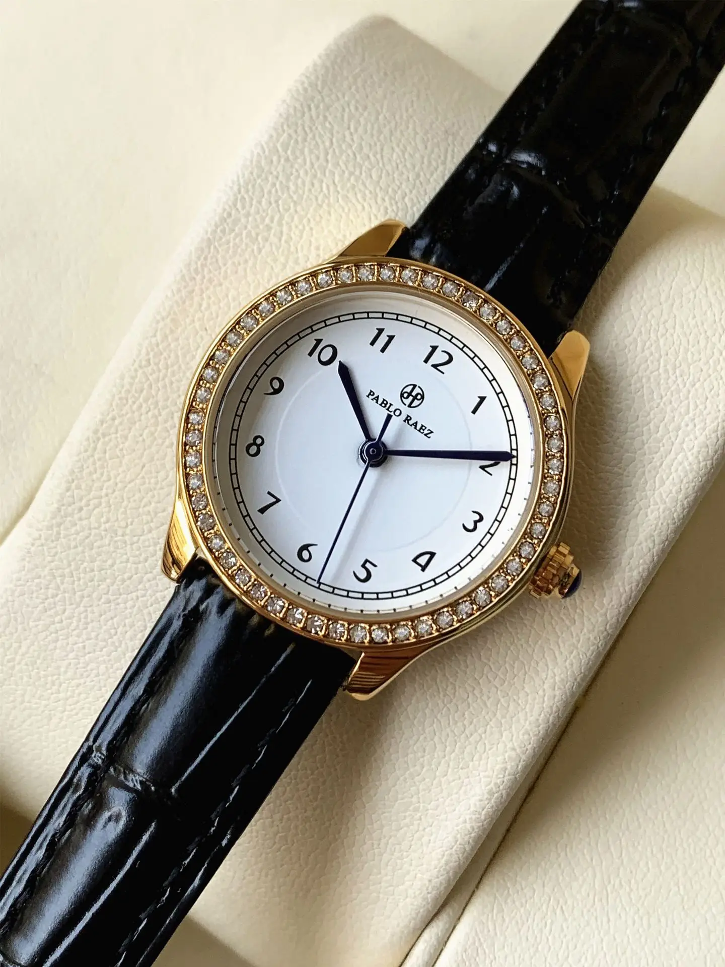 Ladies Gold Rhinestone Watch Black Leather Strap — feature 16