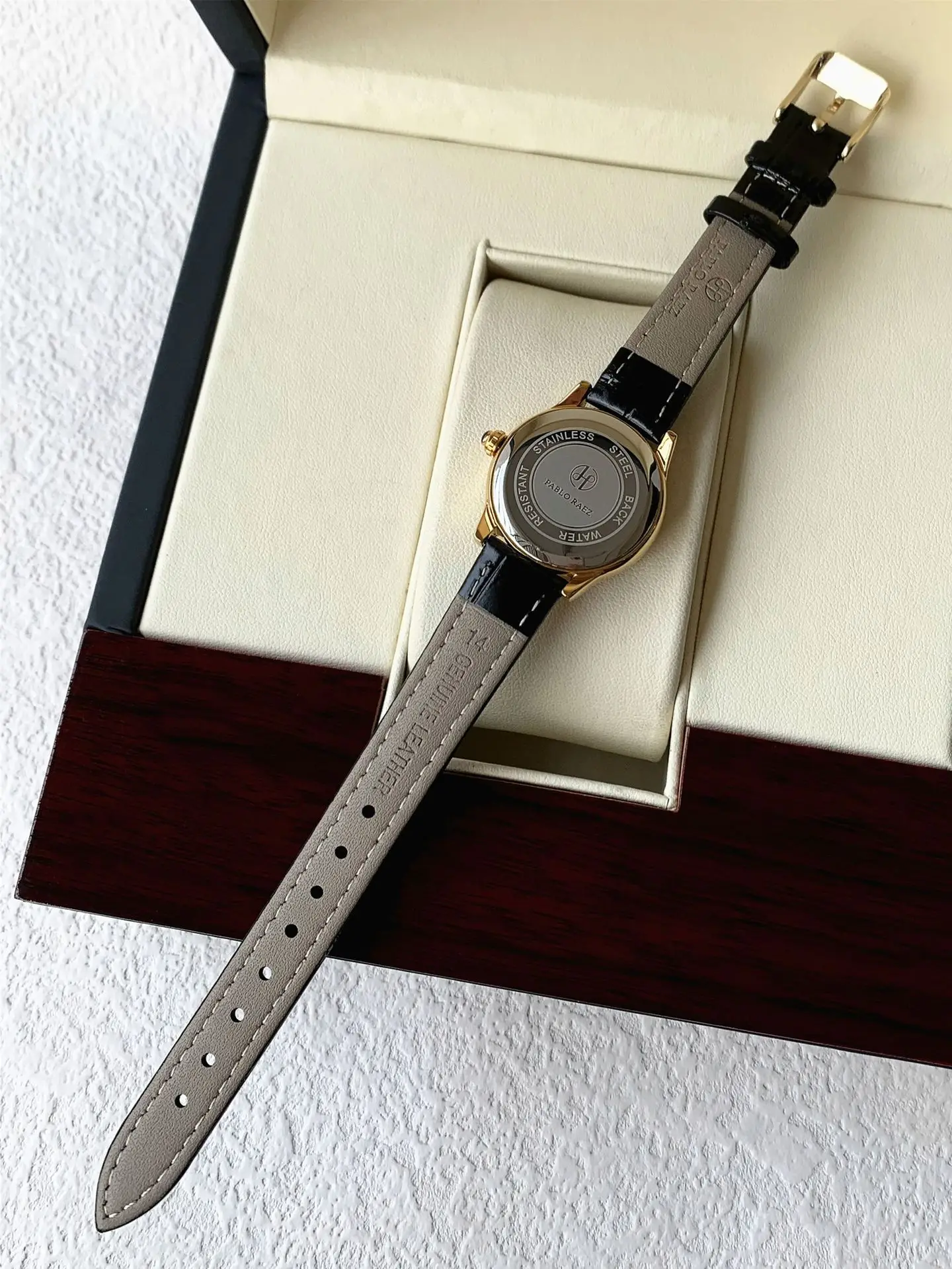 Ladies Gold Rhinestone Watch Black Leather Strap — feature 17