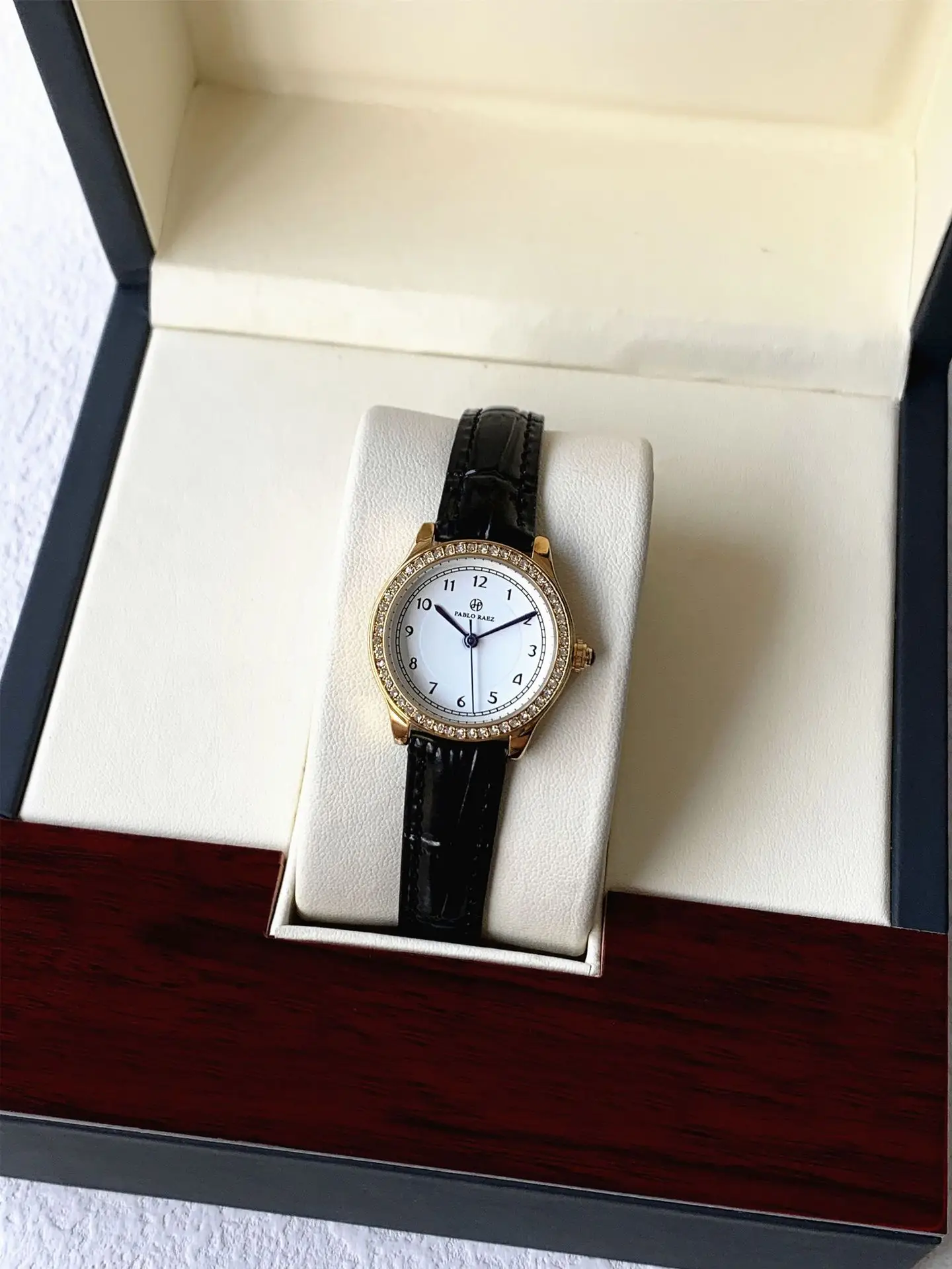 Ladies Gold Rhinestone Watch Black Leather Strap — feature 18