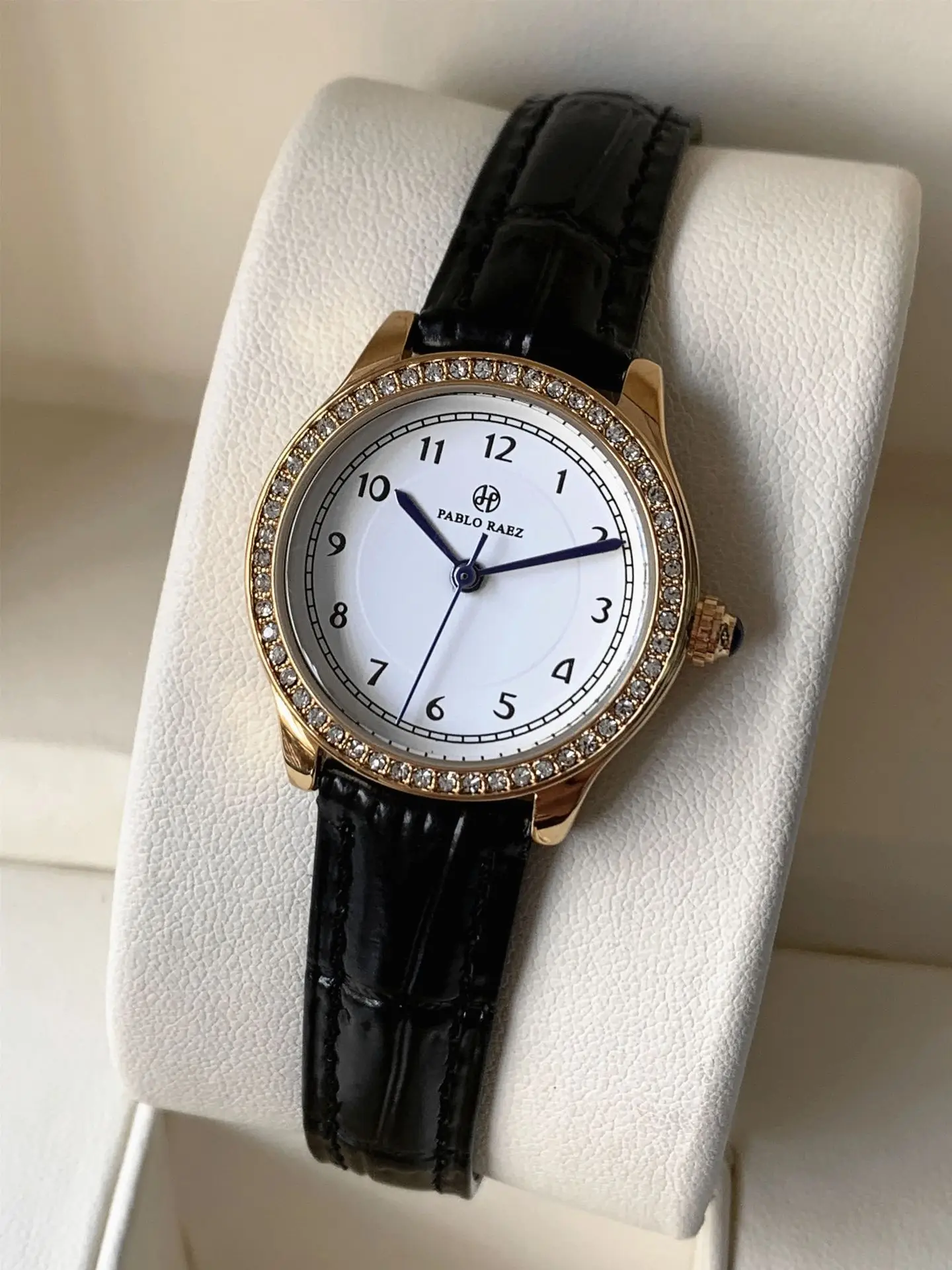 Ladies Gold Rhinestone Watch Black Leather Strap — feature 19