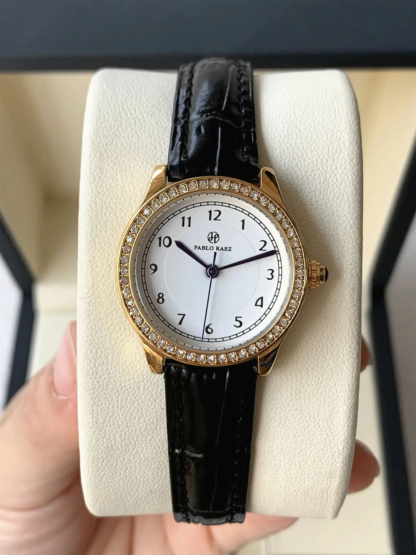 Ladies Gold Rhinestone Watch Black Leather Strap — feature 20