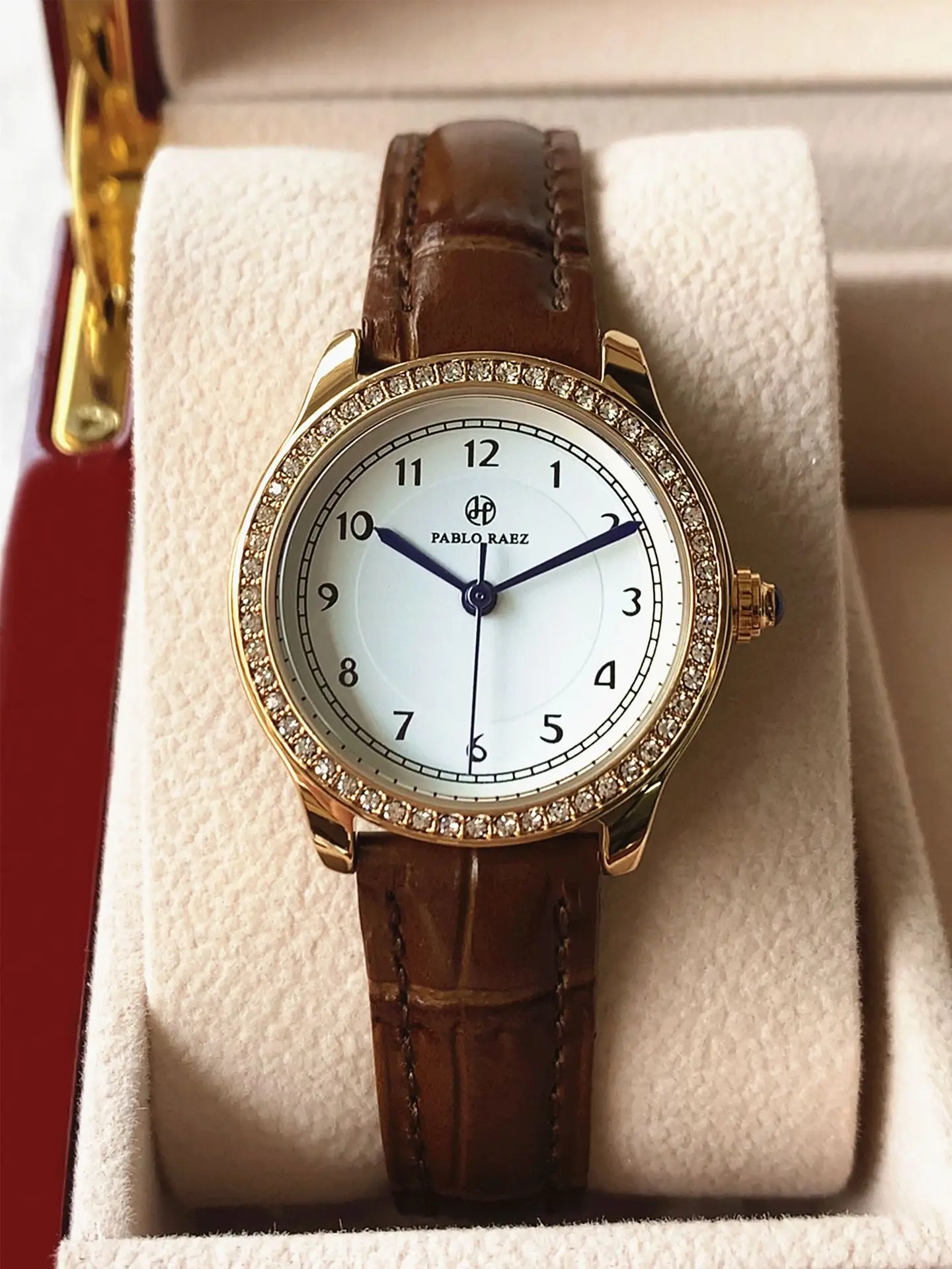 Ladies Gold Rhinestone Watch Black Leather Strap — feature 22