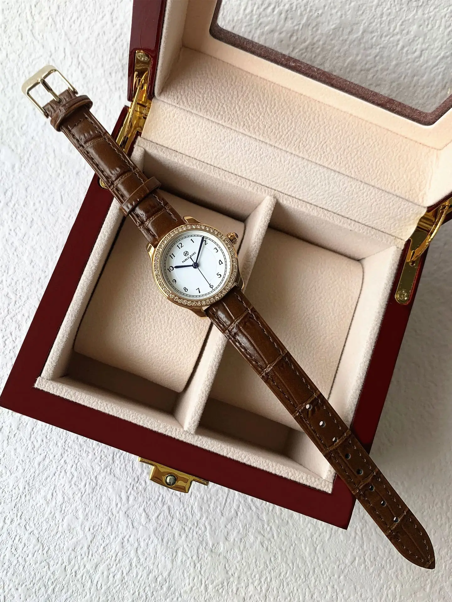 Ladies Gold Rhinestone Watch Black Leather Strap — feature 25