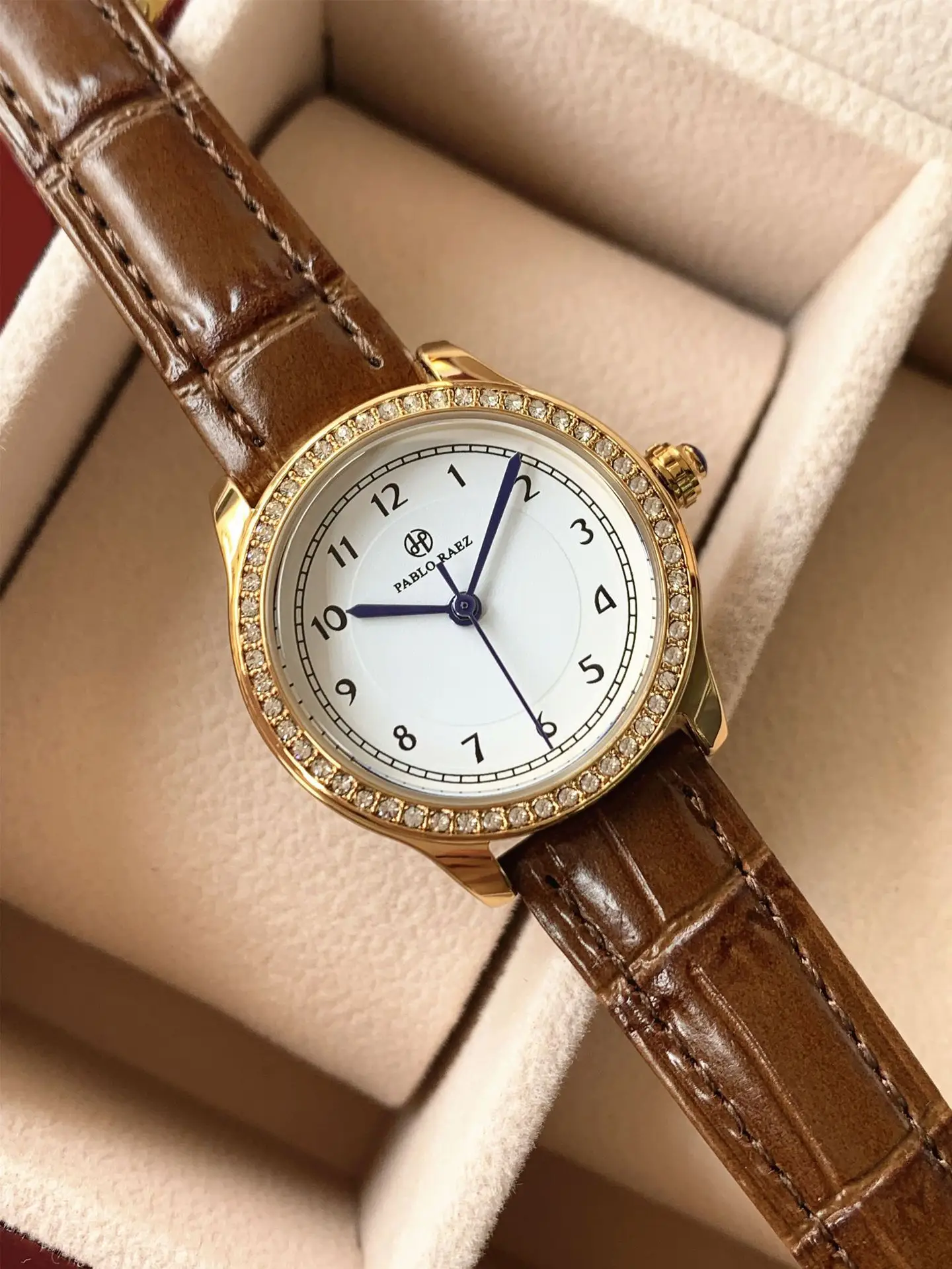 Ladies Gold Rhinestone Watch Black Leather Strap — feature 26