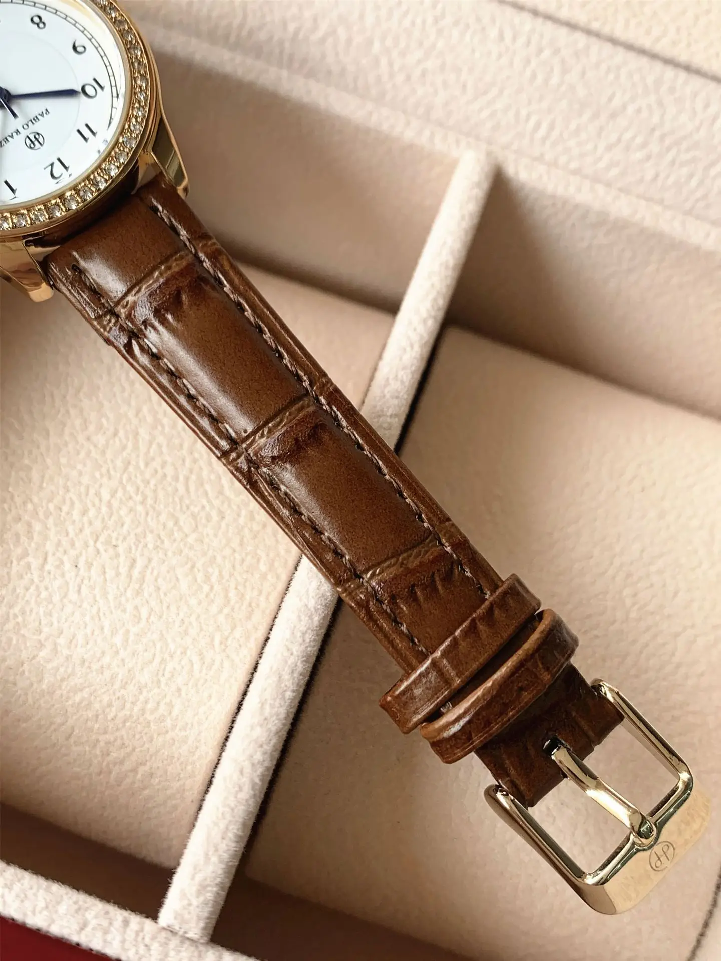 Ladies Gold Rhinestone Watch Black Leather Strap — feature 29