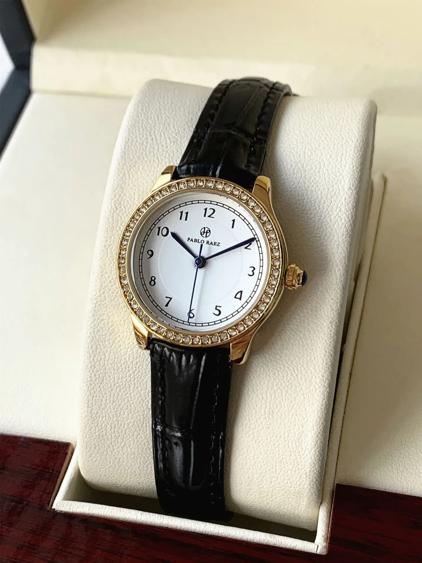 Ladies Gold Rhinestone Watch Black Leather Strap — feature 6