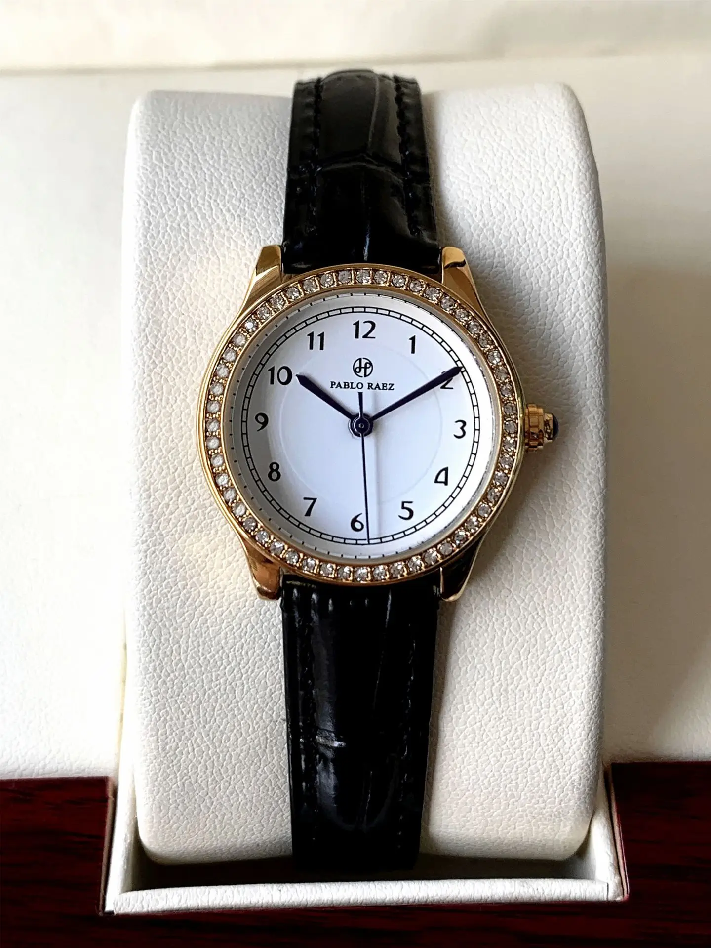 Ladies Gold Rhinestone Watch Black Leather Strap — feature 7