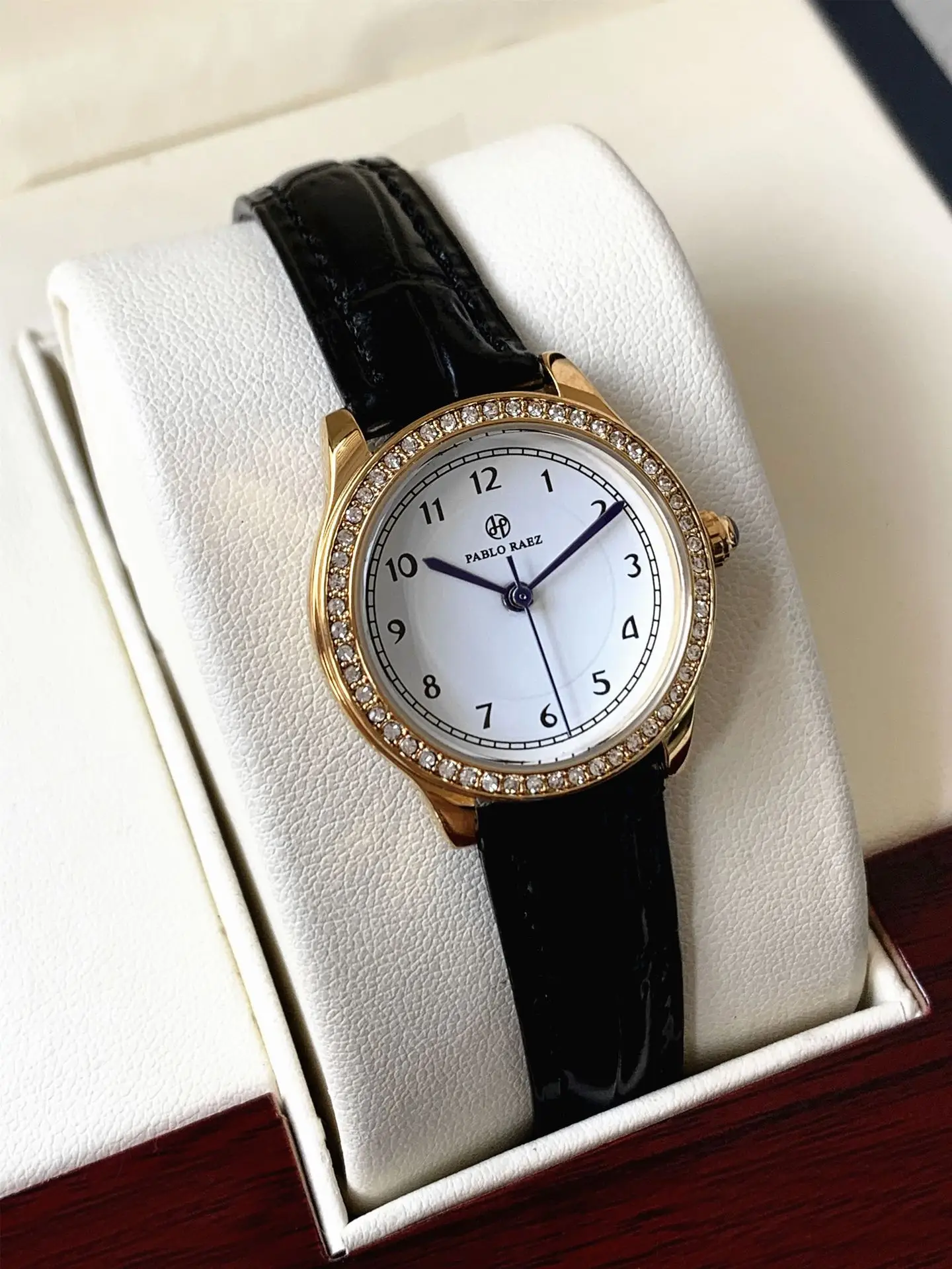Ladies Gold Rhinestone Watch Black Leather Strap — feature 8