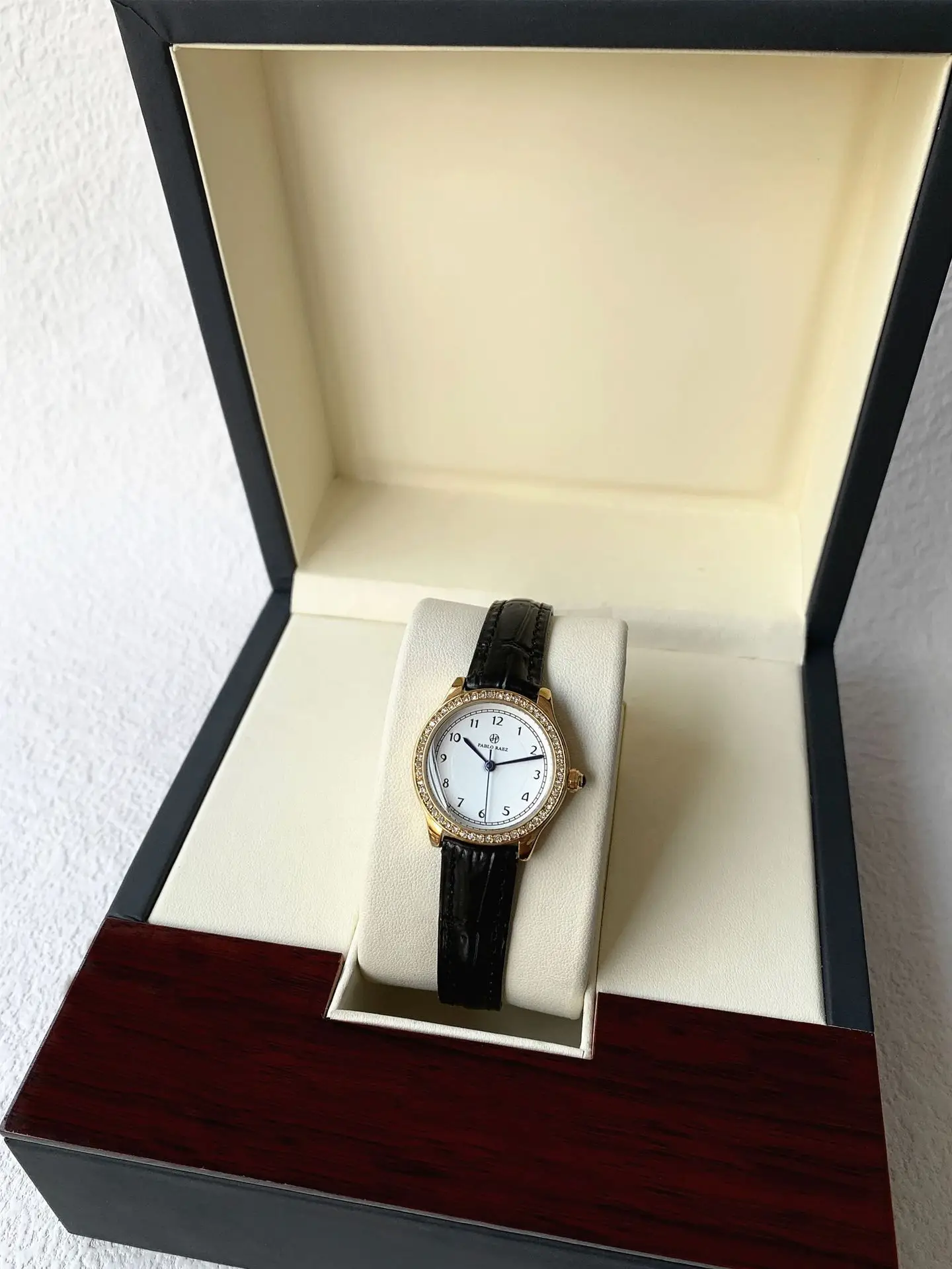 Ladies Gold Rhinestone Watch Black Leather Strap — feature 9