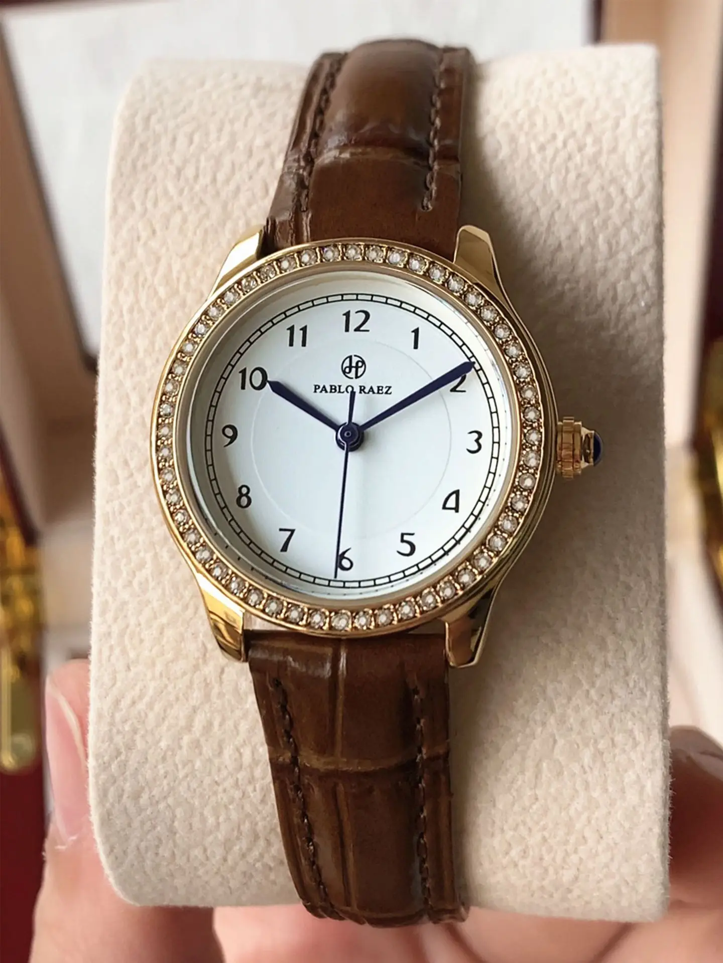 Ladies Gold Rhinestone Watch Black Leather Strap