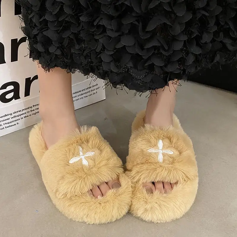 Mao Mao Slippers Women's 2024 New Korean Style One-word Outer Wear Autumn and Winter Thick Bottom Plush Household Indoor Cotton Slippers